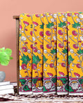 Traditional Kalamkari Hand-Painted Cotton Saree with Floral Motifs - Yellow 