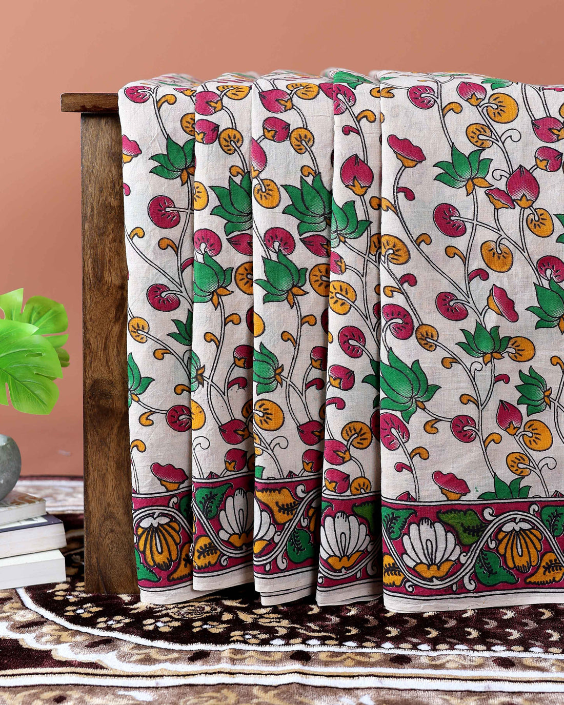 Traditional Kalamkari Hand-Painted Cotton Saree with Intricate Floral Motifs - Cream