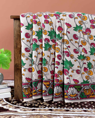 Traditional Kalamkari Hand-Painted Cotton Saree with Intricate Floral Motifs - Cream