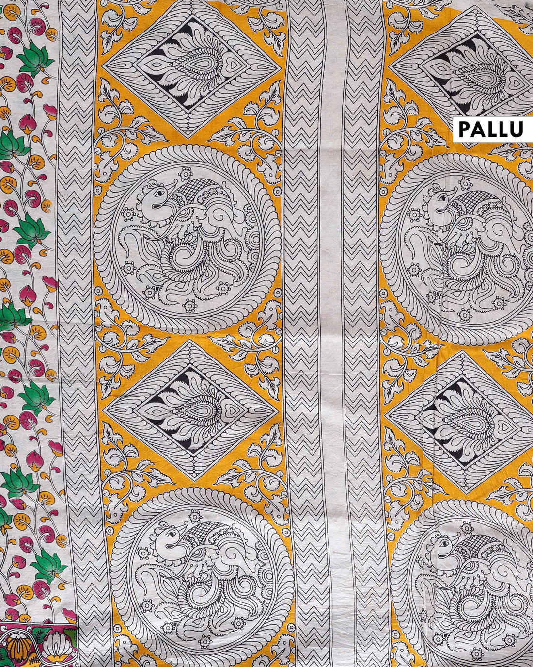 Traditional Kalamkari Hand-Painted Cotton Saree with Intricate Floral Motifs - Cream