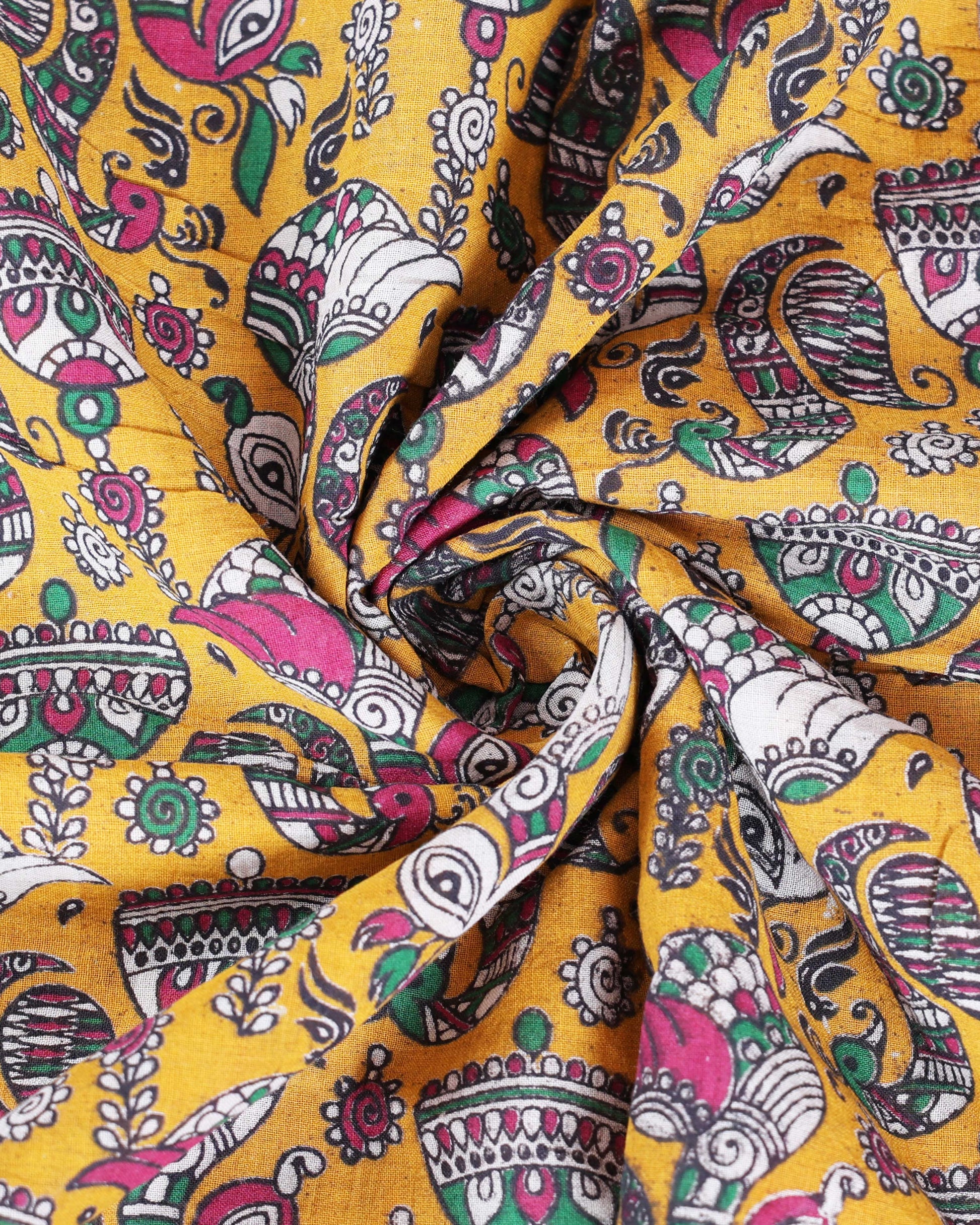 Traditional_Kalamkari_Hand-Painted_Cotton_Saree_with_Nature-Inspired_Motifs_-_Yellow-Close