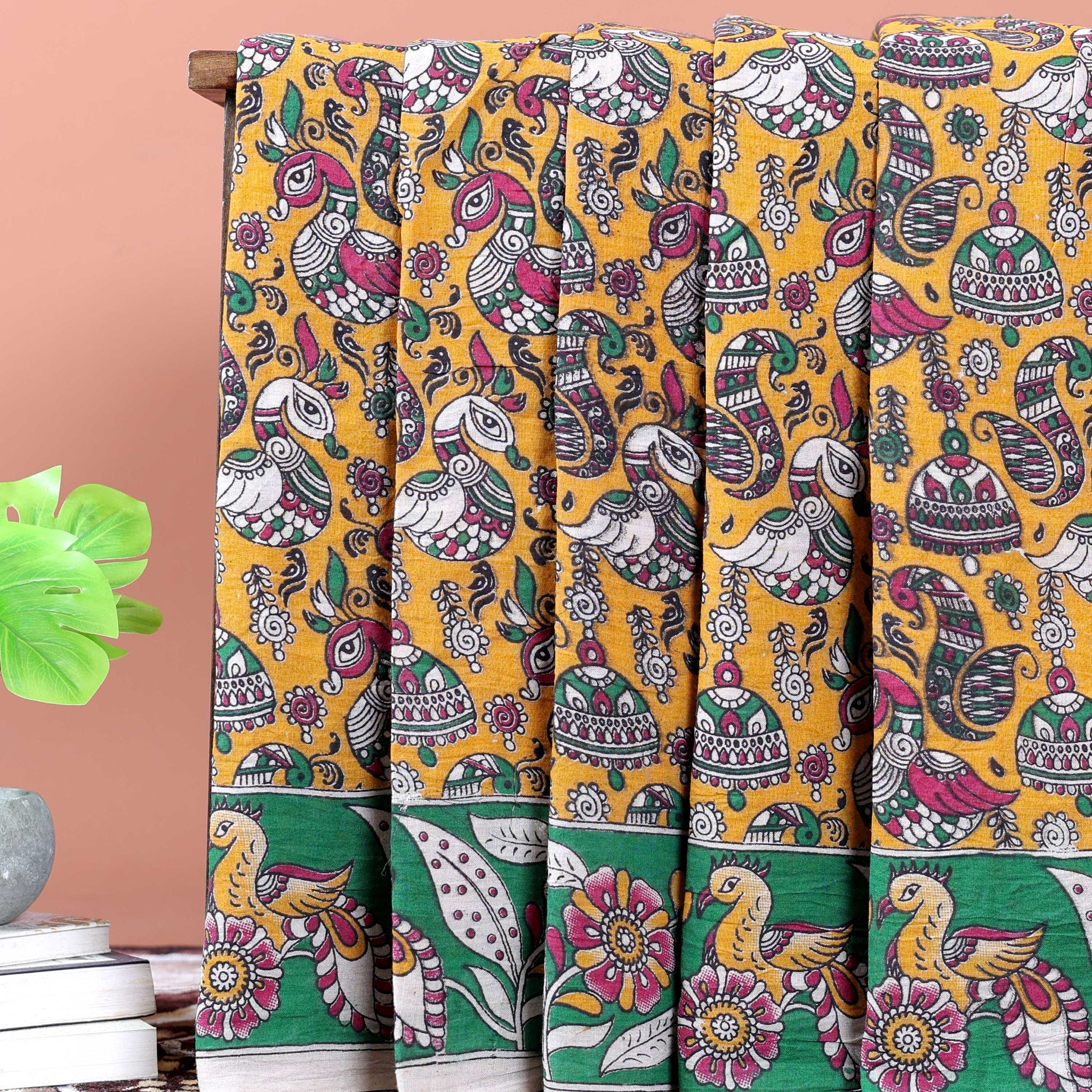 Traditional_Kalamkari_Hand-Painted_Cotton_Saree_with_Nature-Inspired_Motifs_-_Yellow