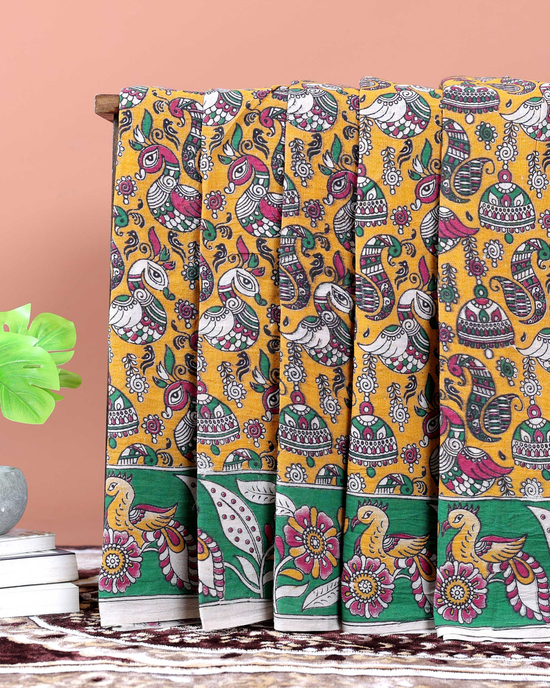 Traditional_Kalamkari_Hand-Painted_Cotton_Saree_with_Nature-Inspired_Motifs_-_Yellow