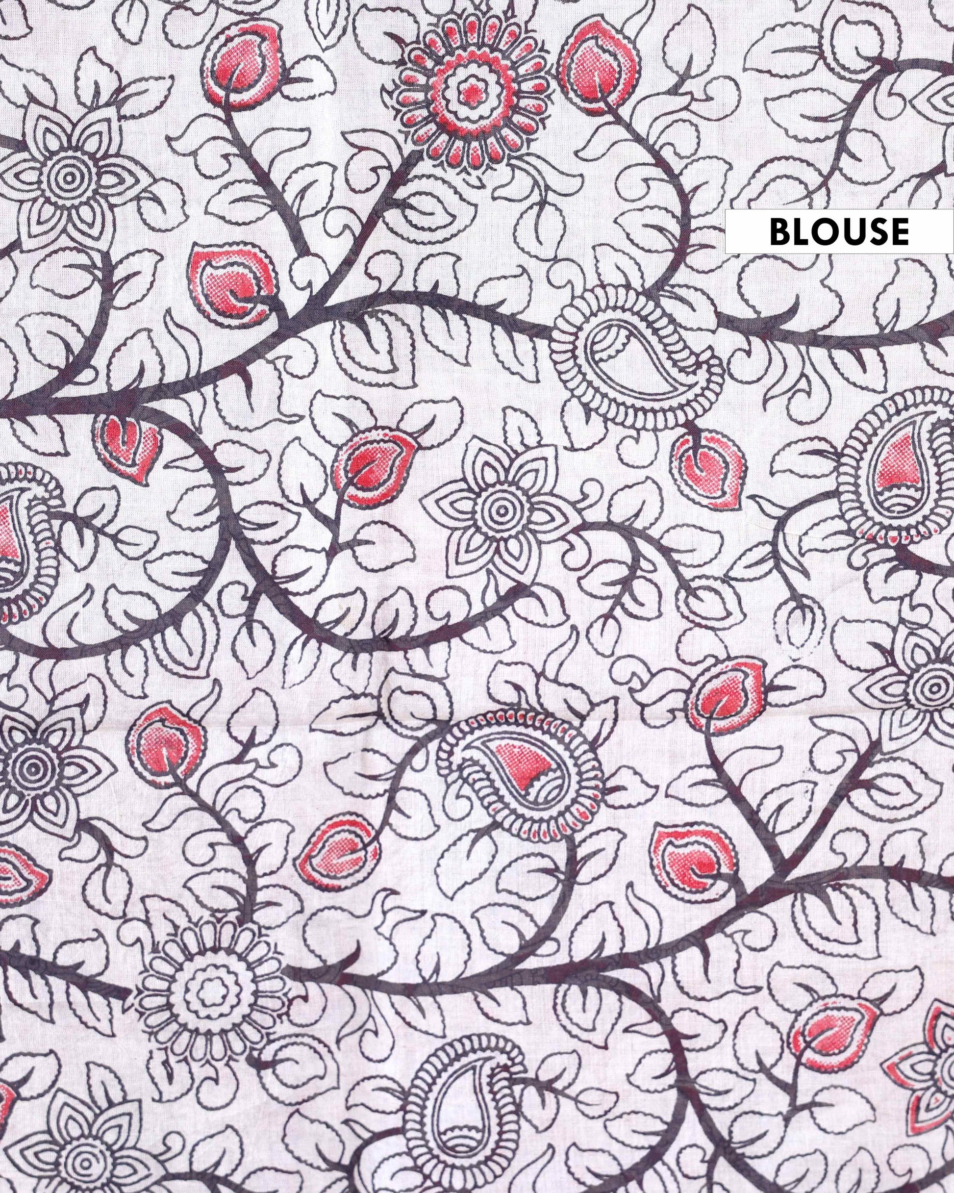Traditional Kalamkari Hand-Painted Cotton Saree with Traditional Peacock & Floral Motifs - Blouse