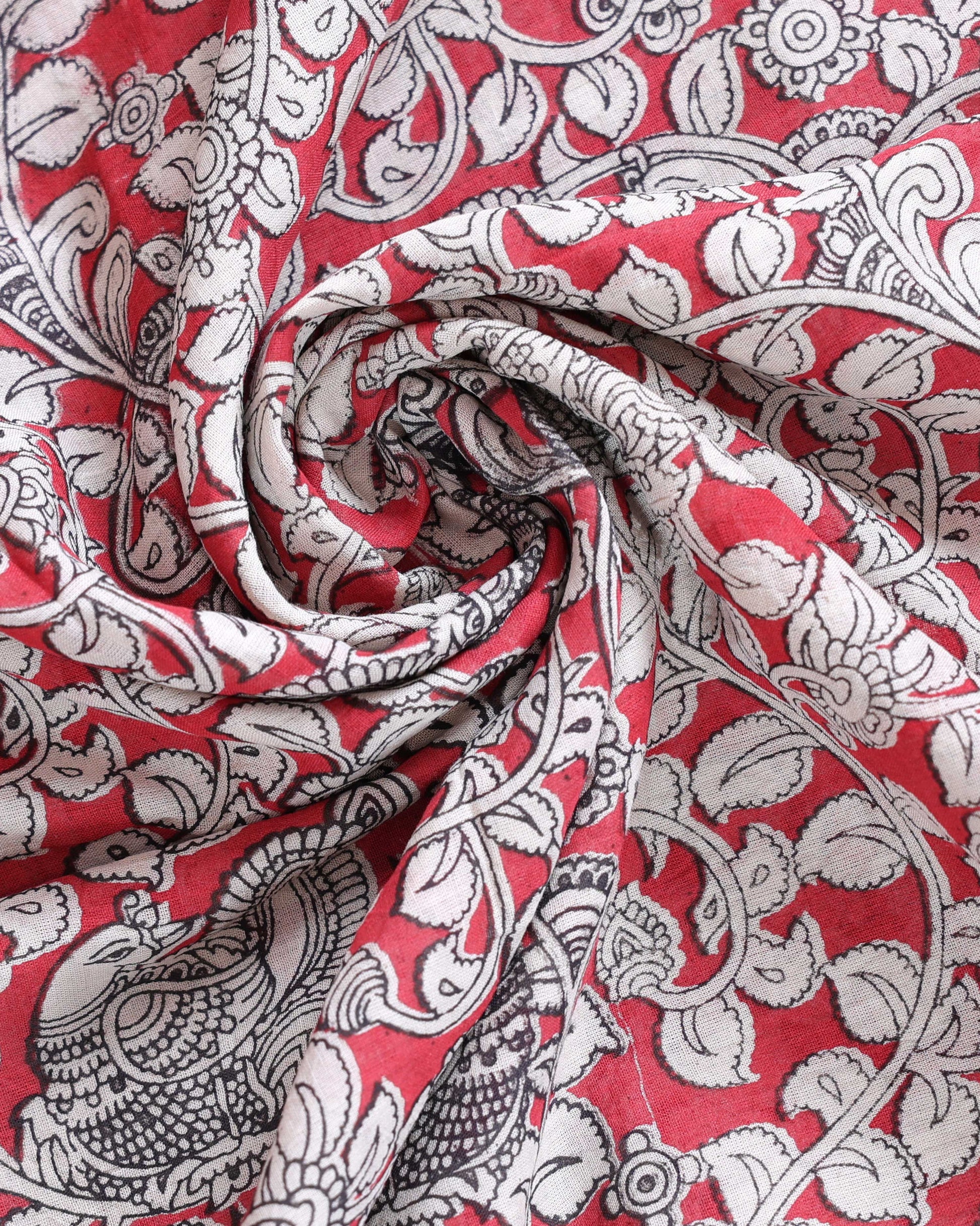 Traditional Kalamkari Hand-Painted Cotton Saree with Traditional Peacock & Floral Motifs - Close