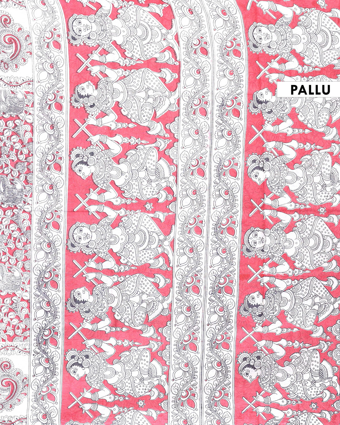 Traditional Kalamkari Hand-Painted Cotton Saree with Traditional Peacock & Floral Motifs - Red