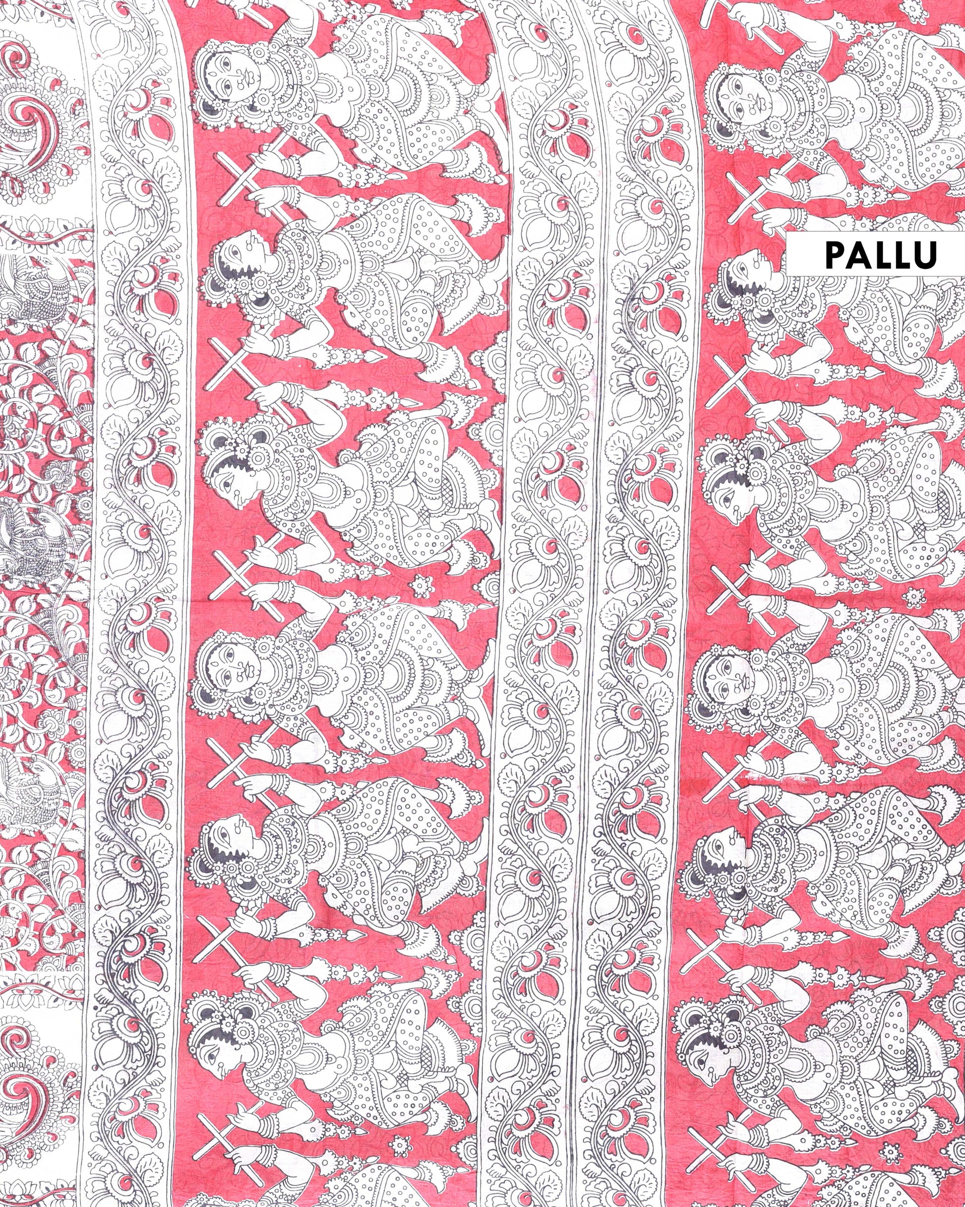 Traditional Kalamkari Hand-Painted Cotton Saree with Traditional Peacock & Floral Motifs - Pallu