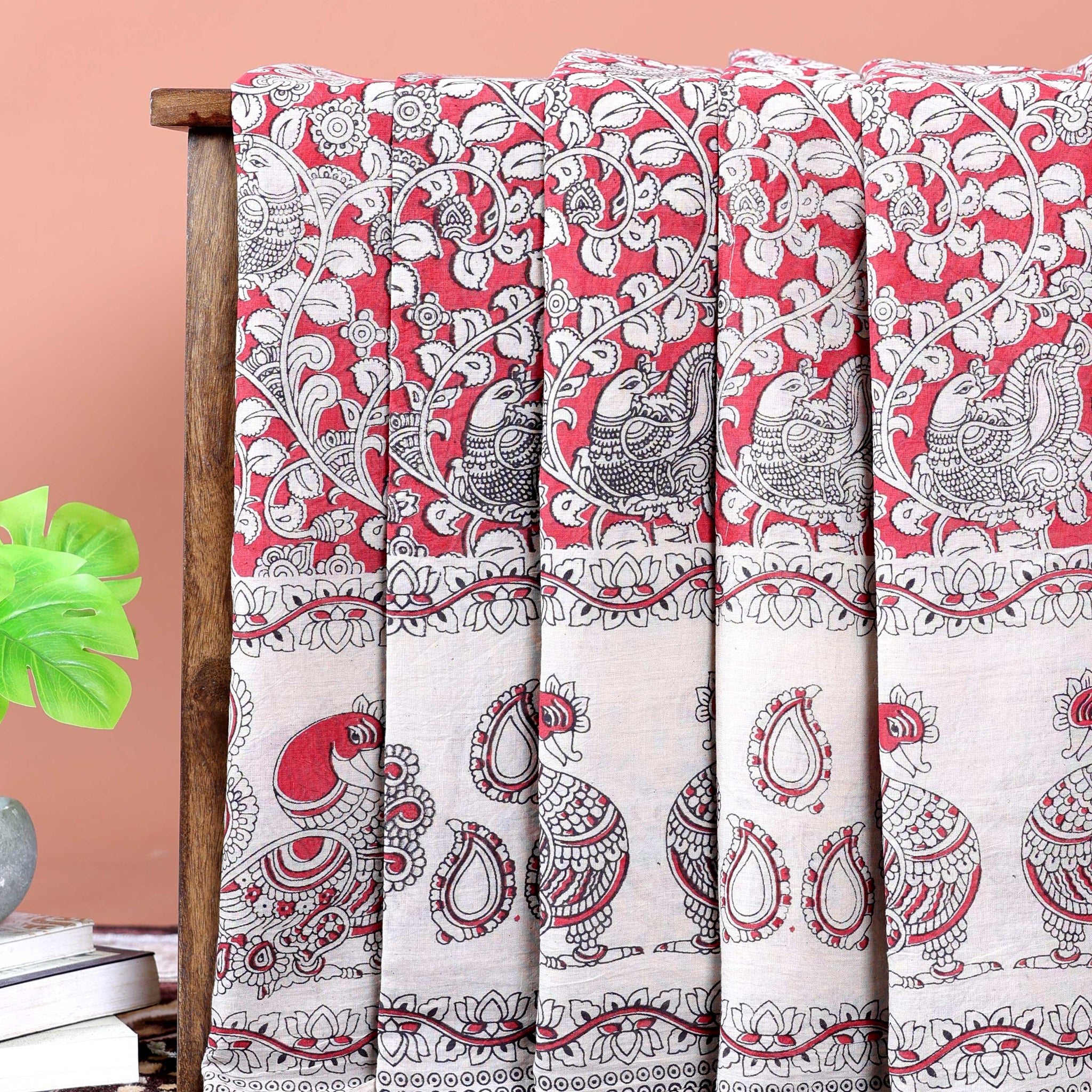 Traditional Kalamkari Hand-Painted Cotton Saree with Traditional Peacock & Floral Motifs - Red