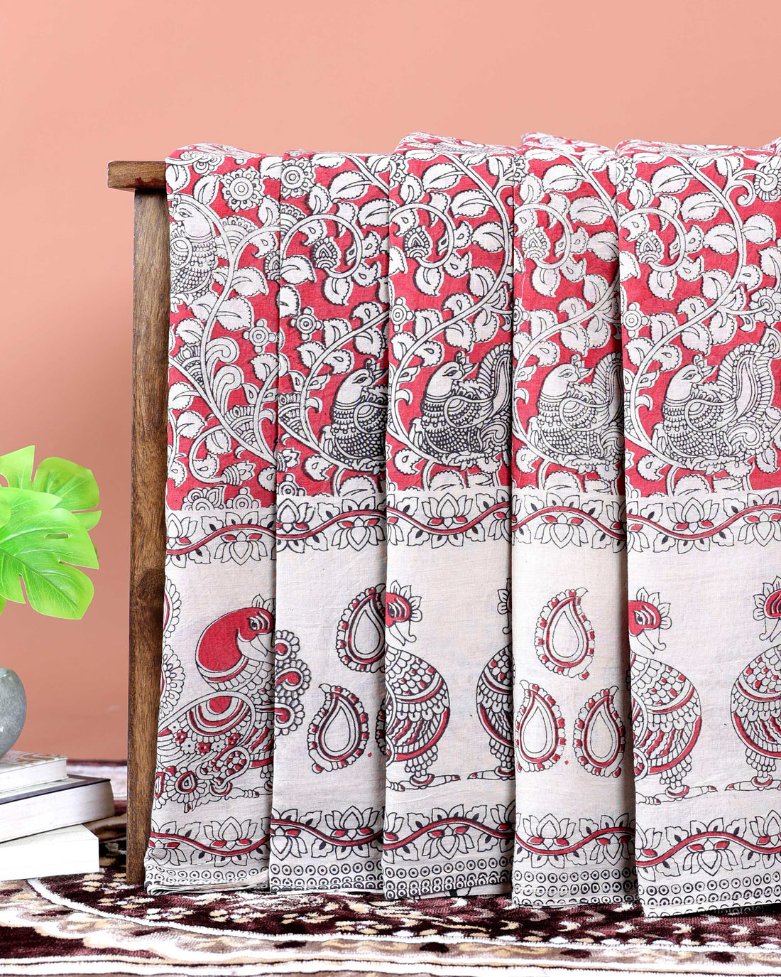 Traditional Kalamkari Hand-Painted Cotton Saree with Traditional Peacock & Floral Motifs - Red
