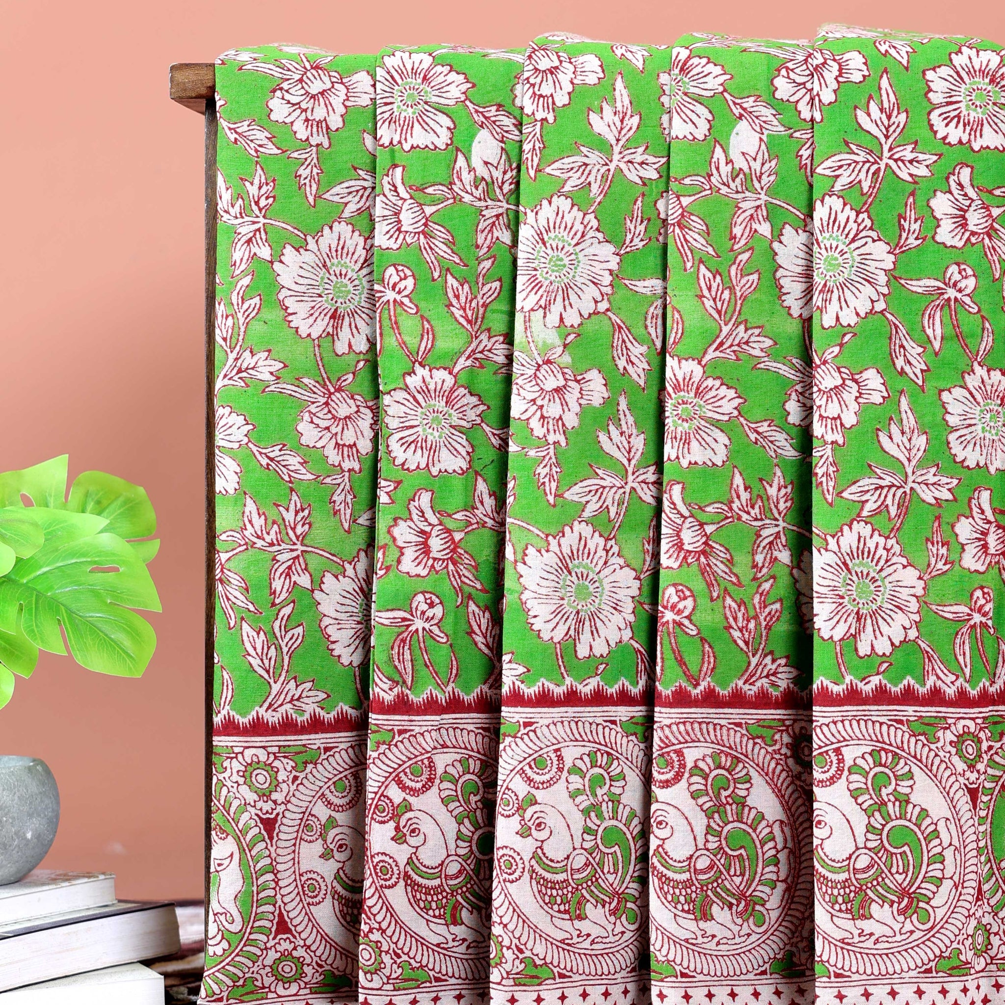 Traditional Kalamkari Hand-Printed Cotton Saree with Peacock & Floral Motifs - Green