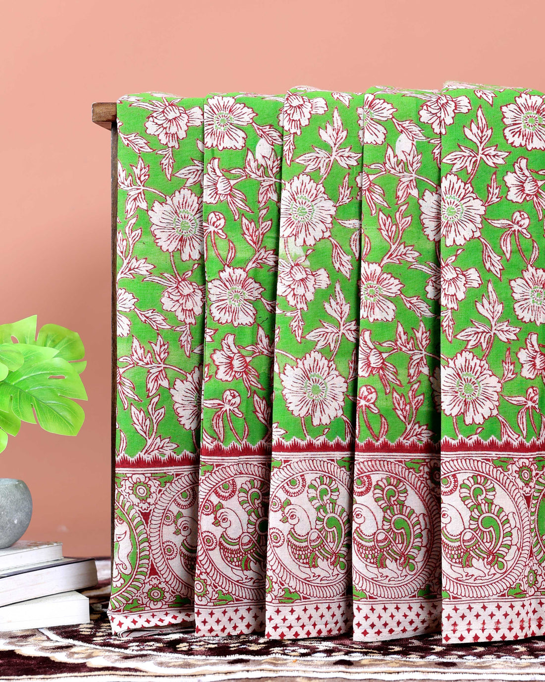 Traditional Kalamkari Hand-Printed Cotton Saree with Peacock & Floral Motifs - Green