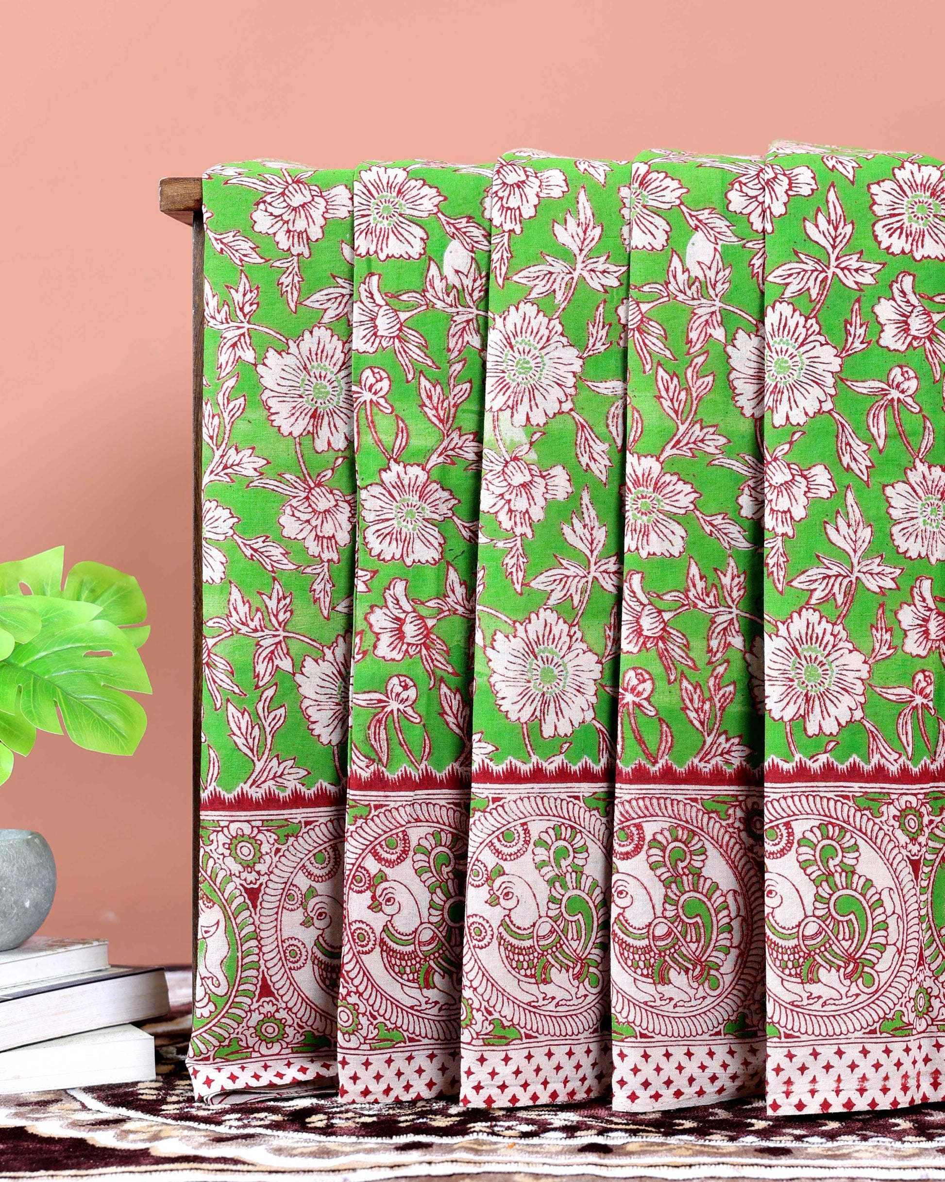 Traditional Kalamkari Hand-Printed Cotton Saree with Peacock & Floral Motifs - Green