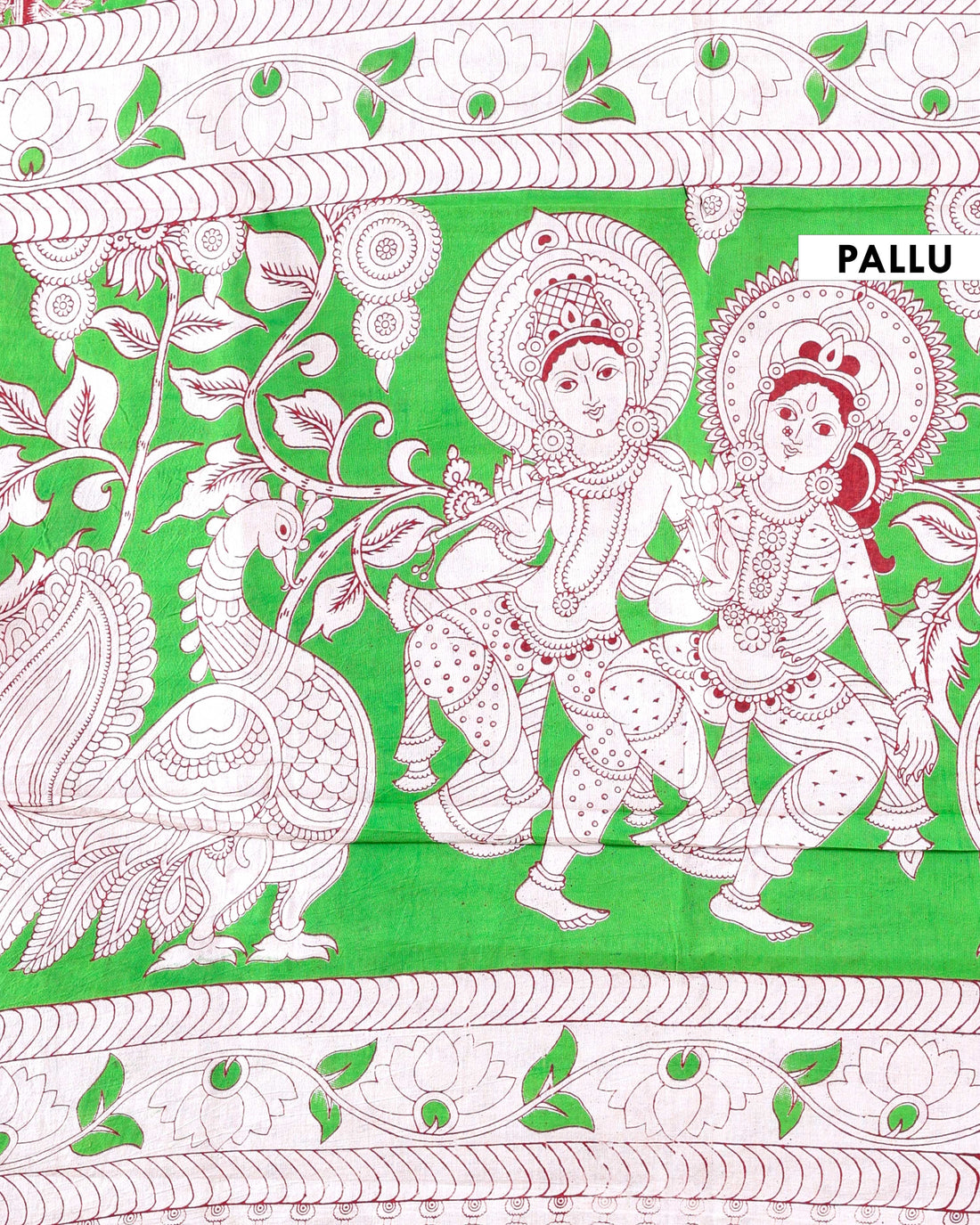 Traditional Kalamkari Hand-Printed Cotton Saree with Peacock & Floral Motifs - Green