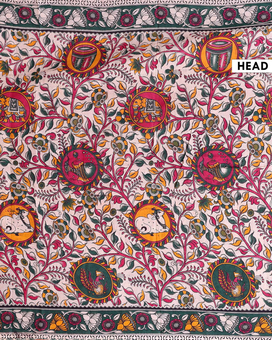 Traditional Kalamkari Hand Block Printed Cotton Saree with Detailed Border Work - Cream