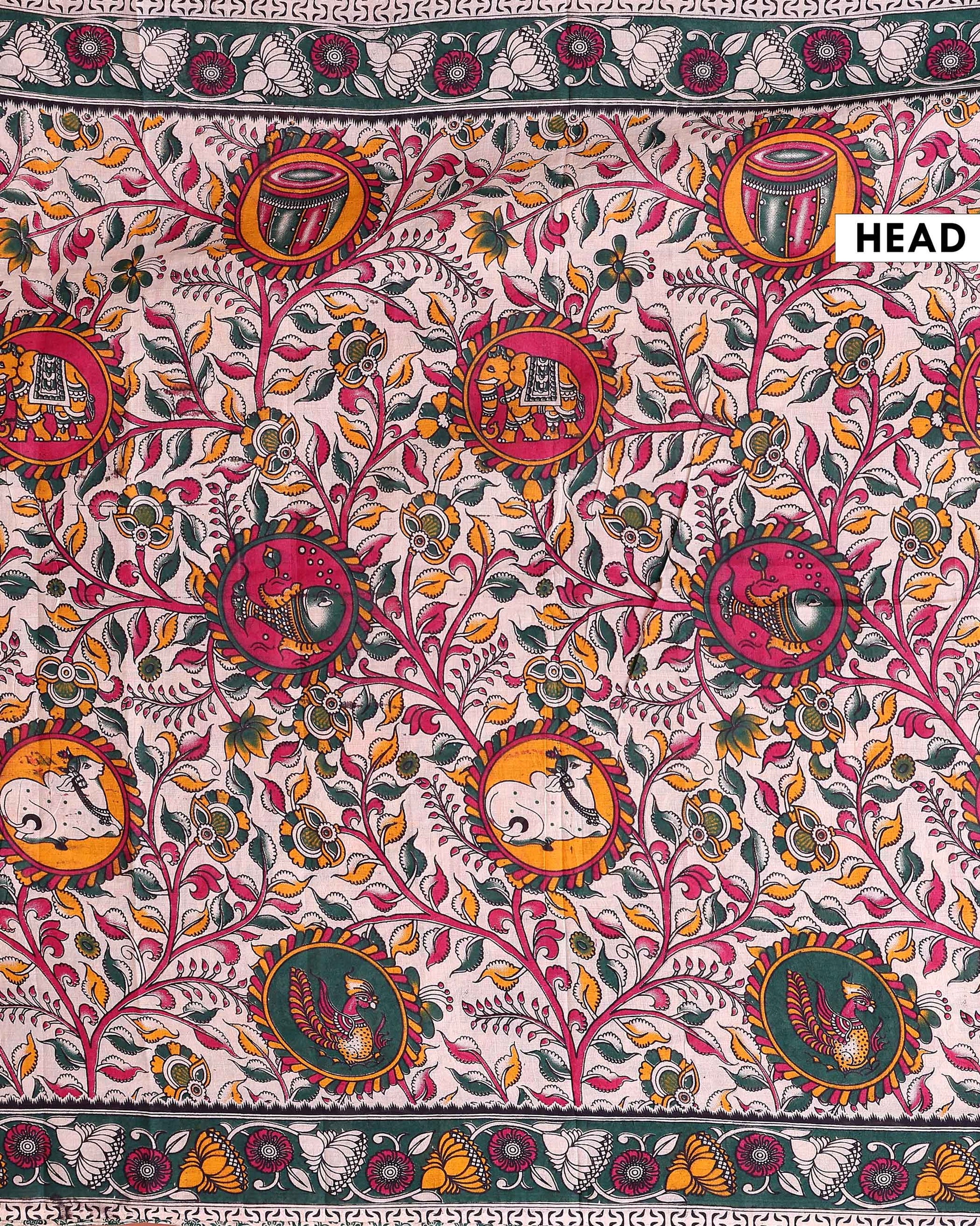 Traditional Kalamkari Hand Block Printed Cotton Saree with Detailed Border Work - Cream