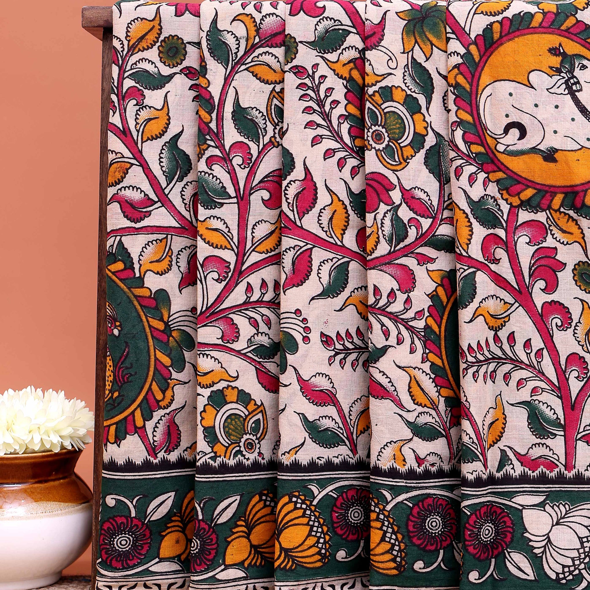 Traditional Kalamkari Hand Block Printed Cotton Saree with Detailed Border Work - Cream