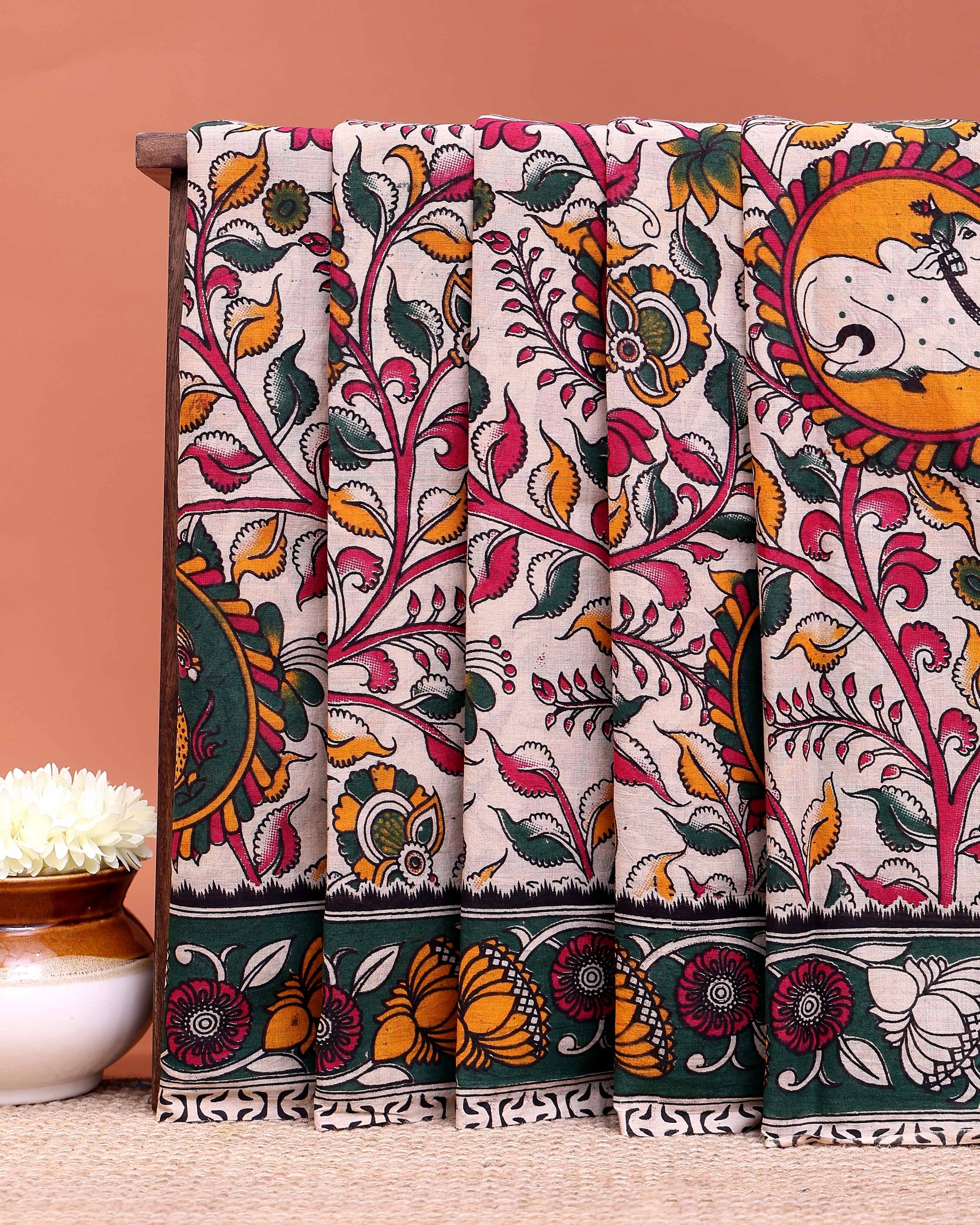 Traditional Kalamkari Hand Block Printed Cotton Saree with Detailed Border Work - Cream