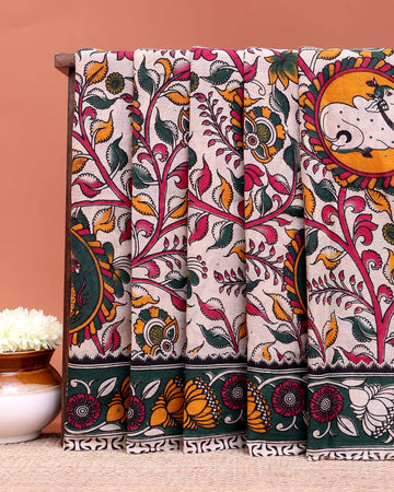 Traditional Kalamkari Hand Block Printed Cotton Saree with Detailed Border Work - Cream