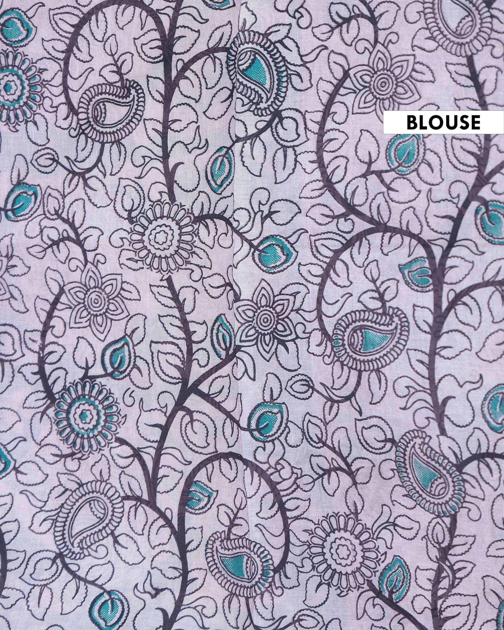 Traditional Kalamkari Hand Painted Cotton Saree with Traditional Floral and Border Motifs - Turquoise