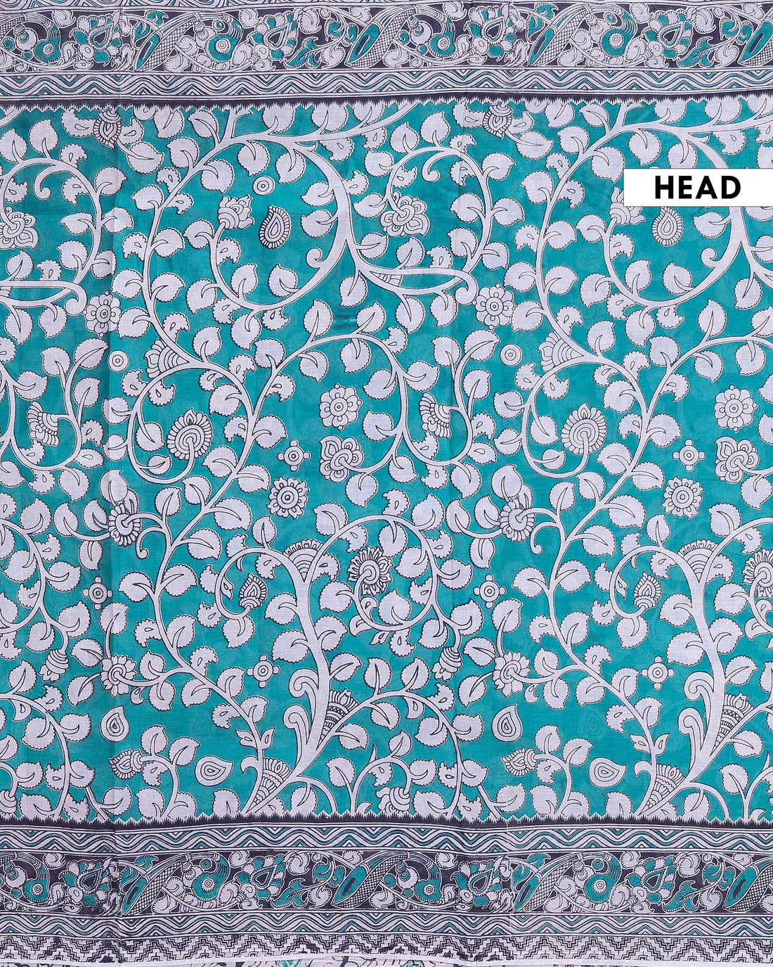 Traditional Kalamkari Hand Painted Cotton Saree with Traditional Floral and Border Motifs - Turquoise