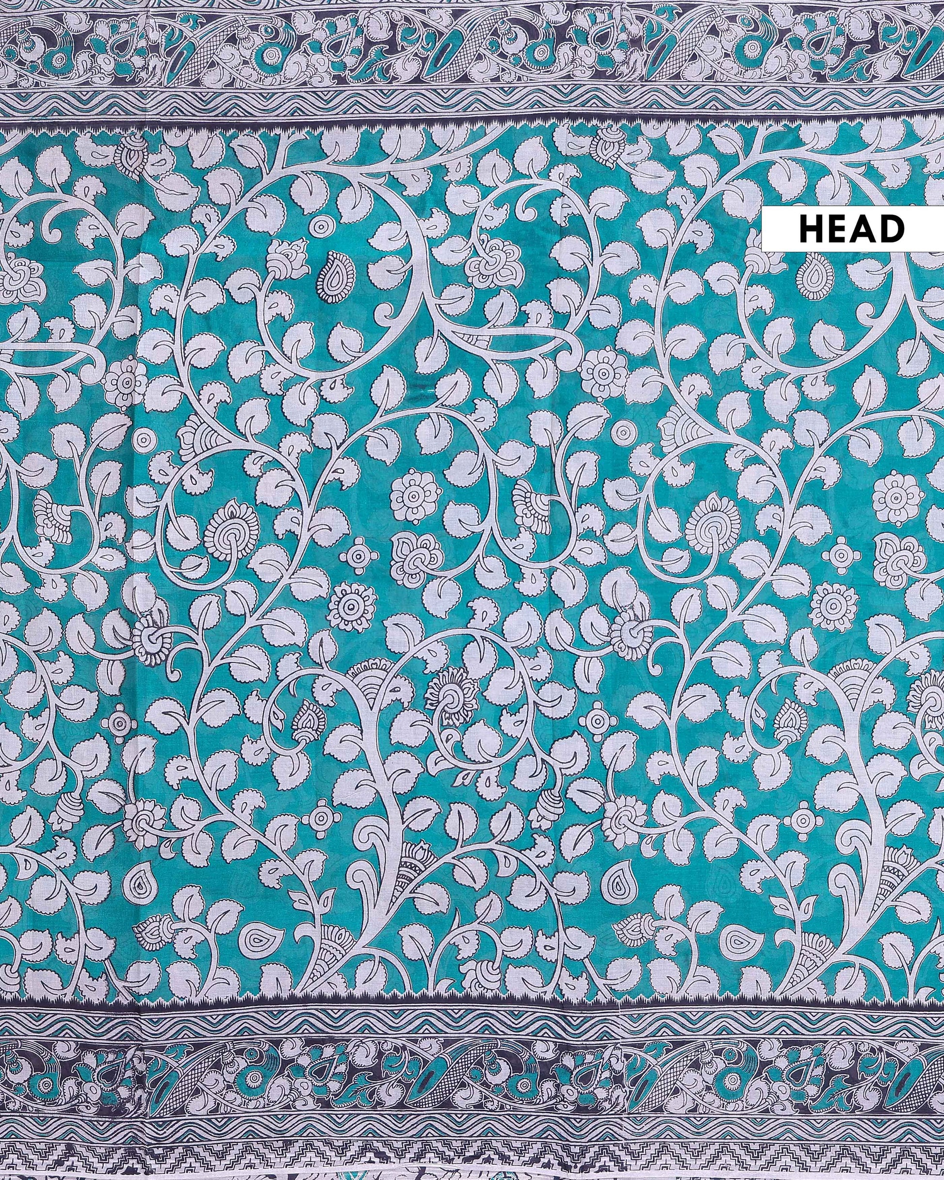 Traditional Kalamkari Hand Painted Cotton Saree with Traditional Floral and Border Motifs - Turquoise