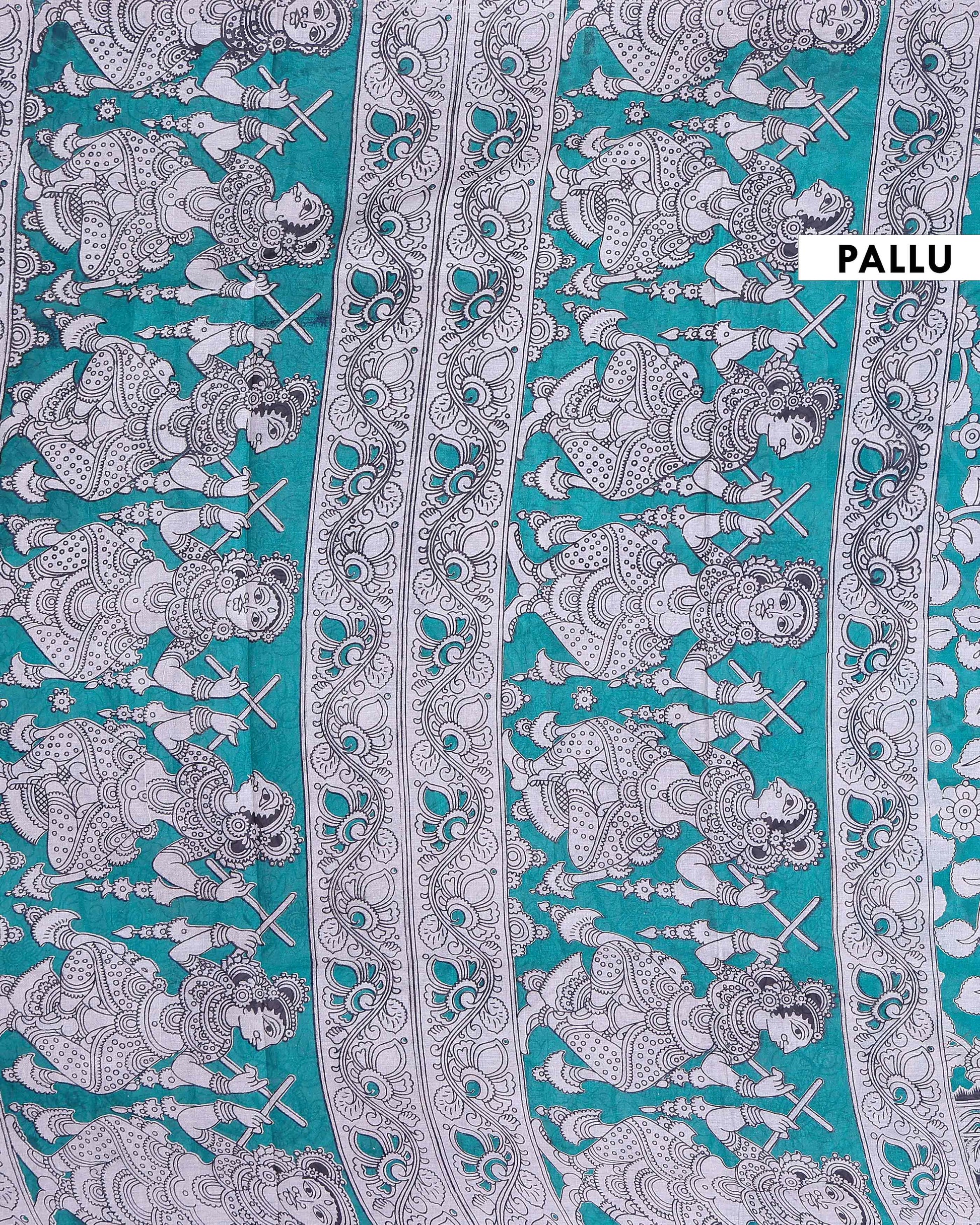 Traditional Kalamkari Hand Painted Cotton Saree with Traditional Floral and Border Motifs - Turquoise