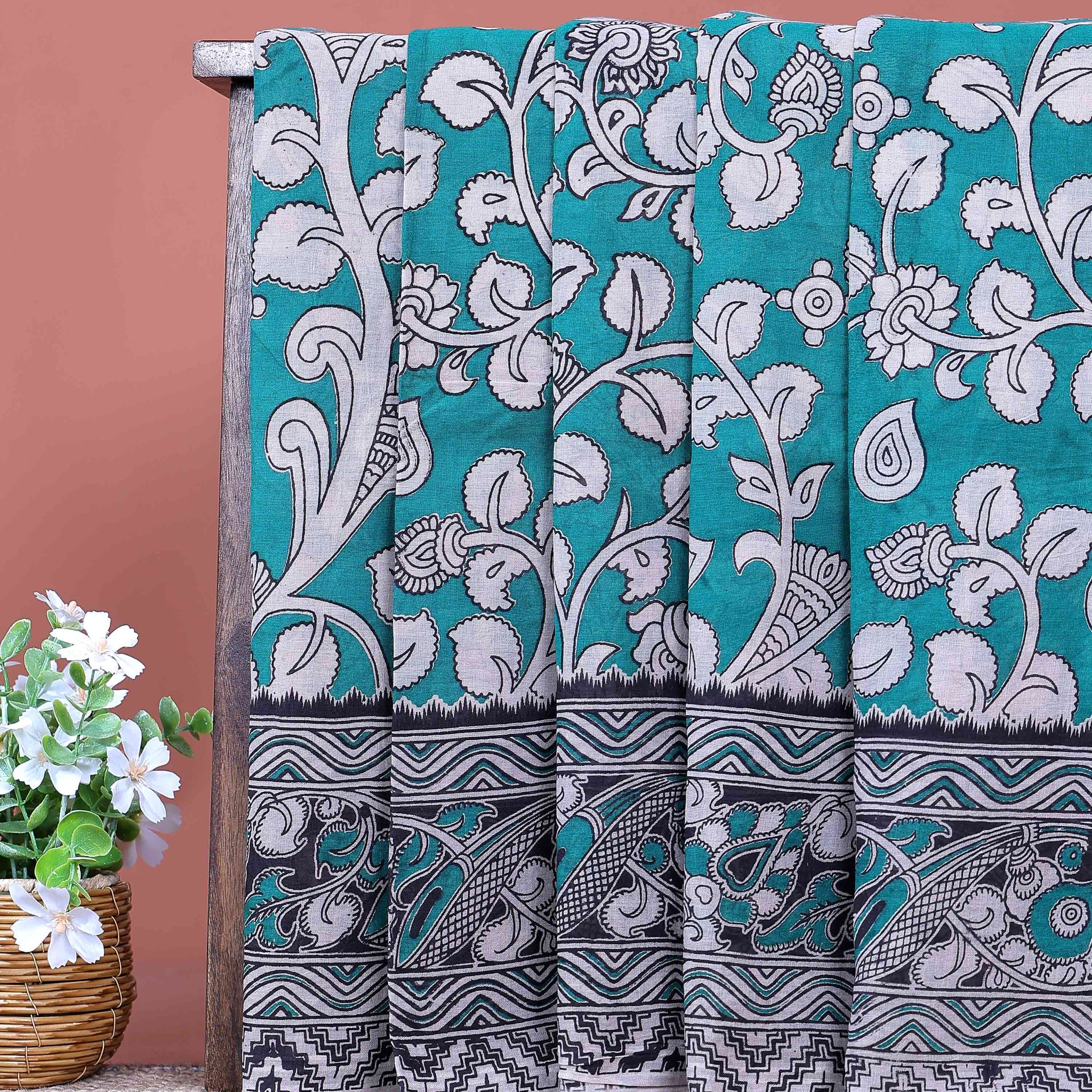 Traditional Kalamkari Hand Painted Cotton Saree with Traditional Floral and Border Motifs - Turquoise