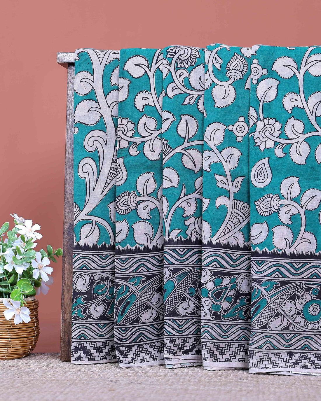 Traditional Kalamkari Hand Painted Cotton Saree with Traditional Floral and Border Motifs - Turquoise