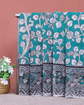 Traditional Kalamkari Hand Painted Cotton Saree with Traditional Floral and Border Motifs - Turquoise