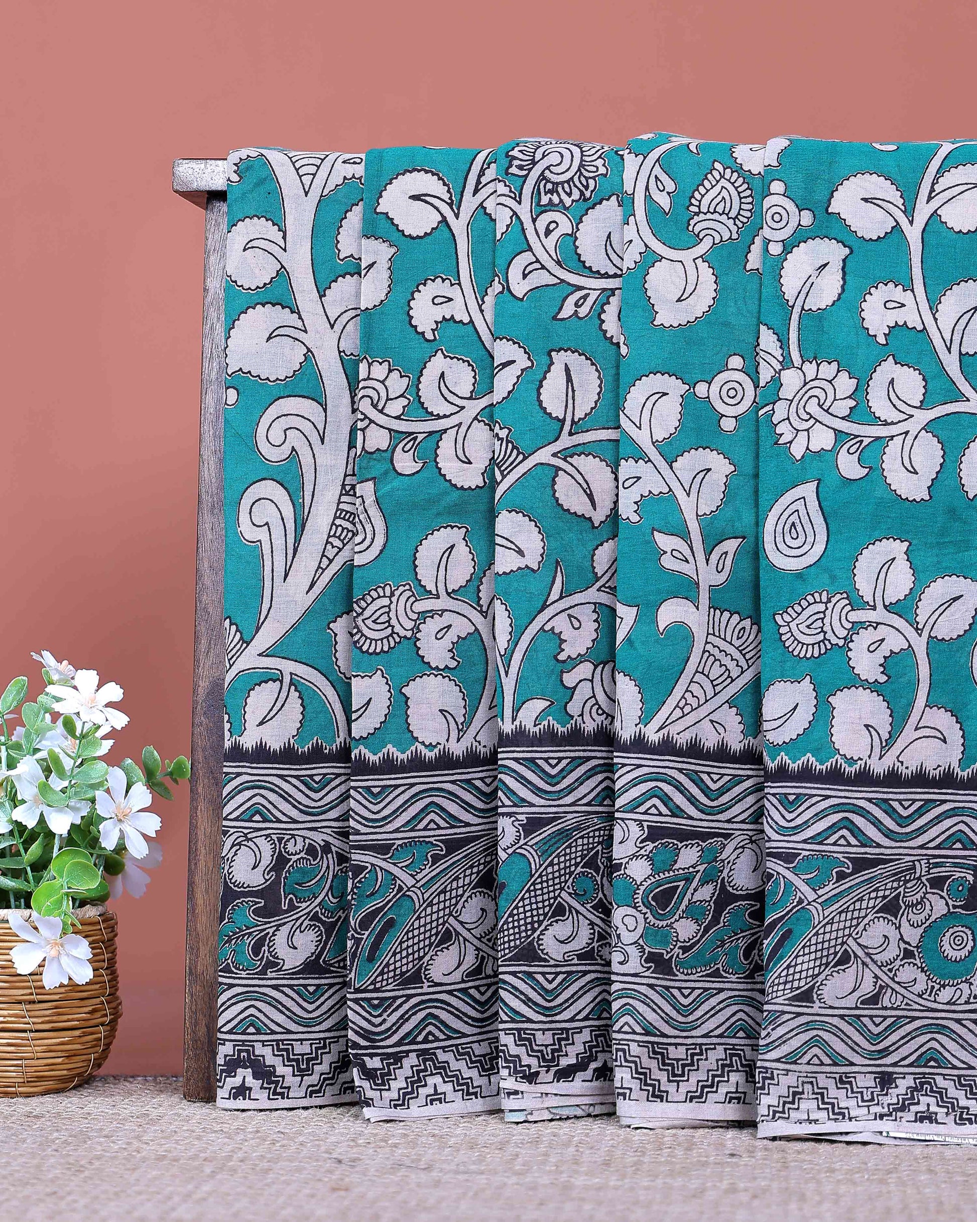 Traditional Kalamkari Hand Painted Cotton Saree with Traditional Floral and Border Motifs - Turquoise