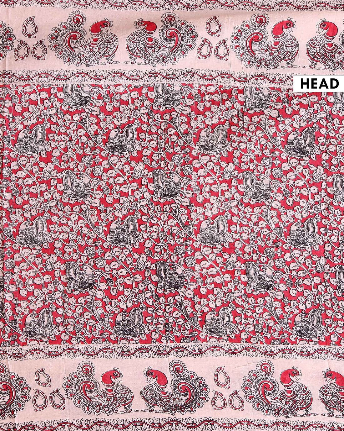 Traditional Kalamkari Hand Painted Cotton Saree with Traditional Peacock and Floral Motifs - Red