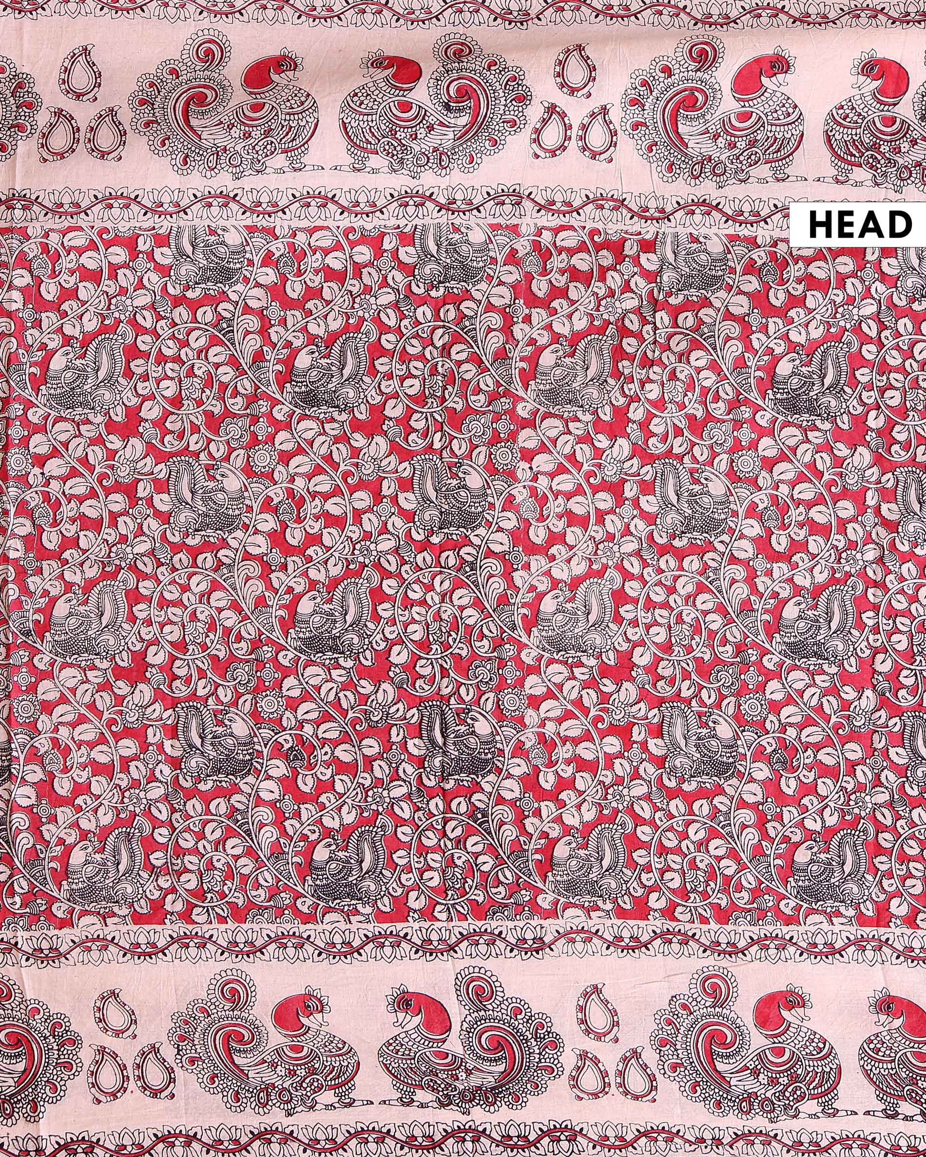 Traditional Kalamkari Hand Painted Cotton Saree with Traditional Peacock and Floral Motifs - Red