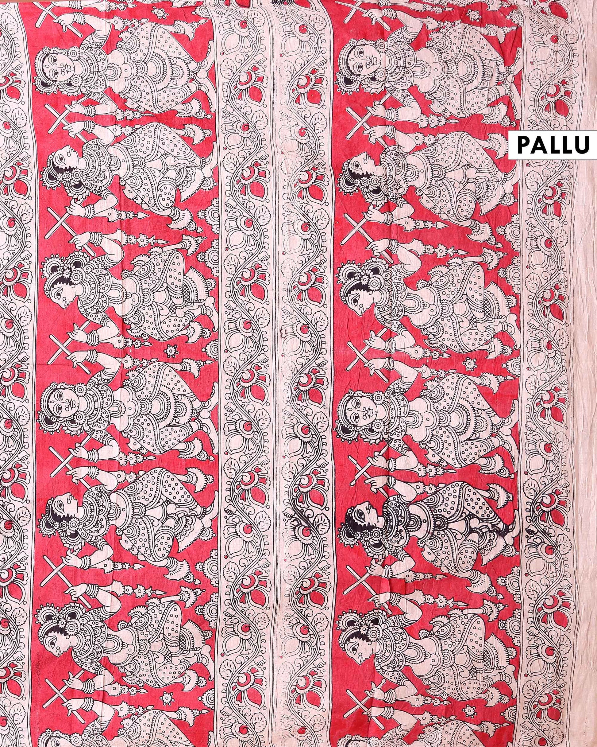 Traditional Kalamkari Hand Painted Cotton Saree with Traditional Peacock and Floral Motifs - Red