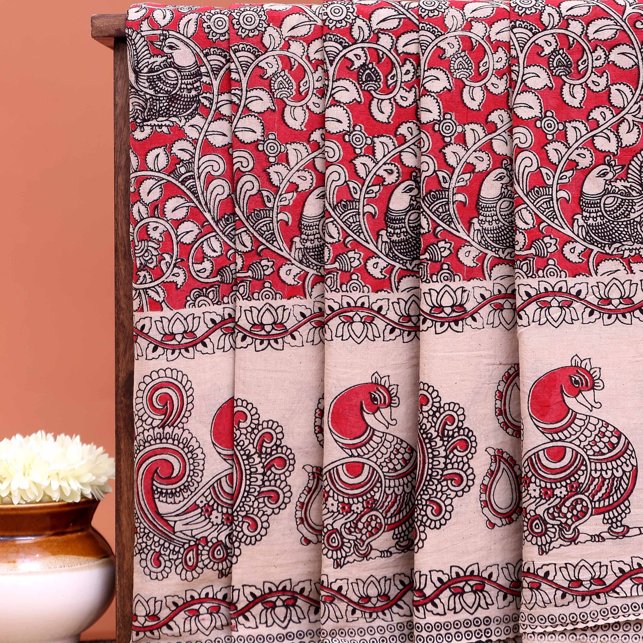 Traditional Kalamkari Hand Painted Cotton Saree with Traditional Peacock and Floral Motifs - Red