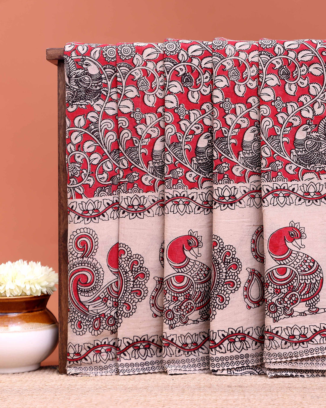 Traditional Kalamkari Hand Painted Cotton Saree with Traditional Peacock and Floral Motifs - Red