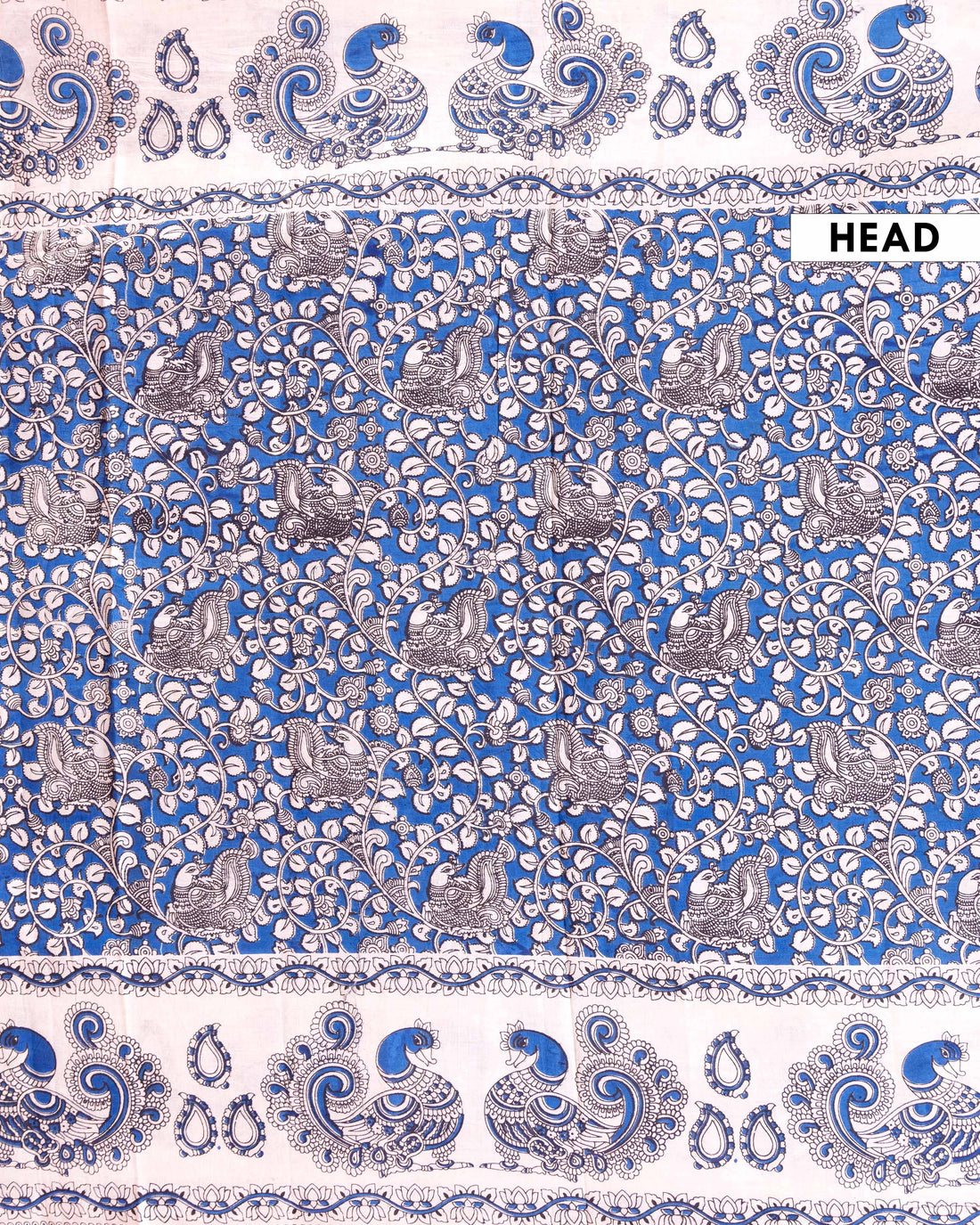 Traditional Kalamkari Hand block Printed Cotton Saree with Peacock and Floral Motifs - Blue