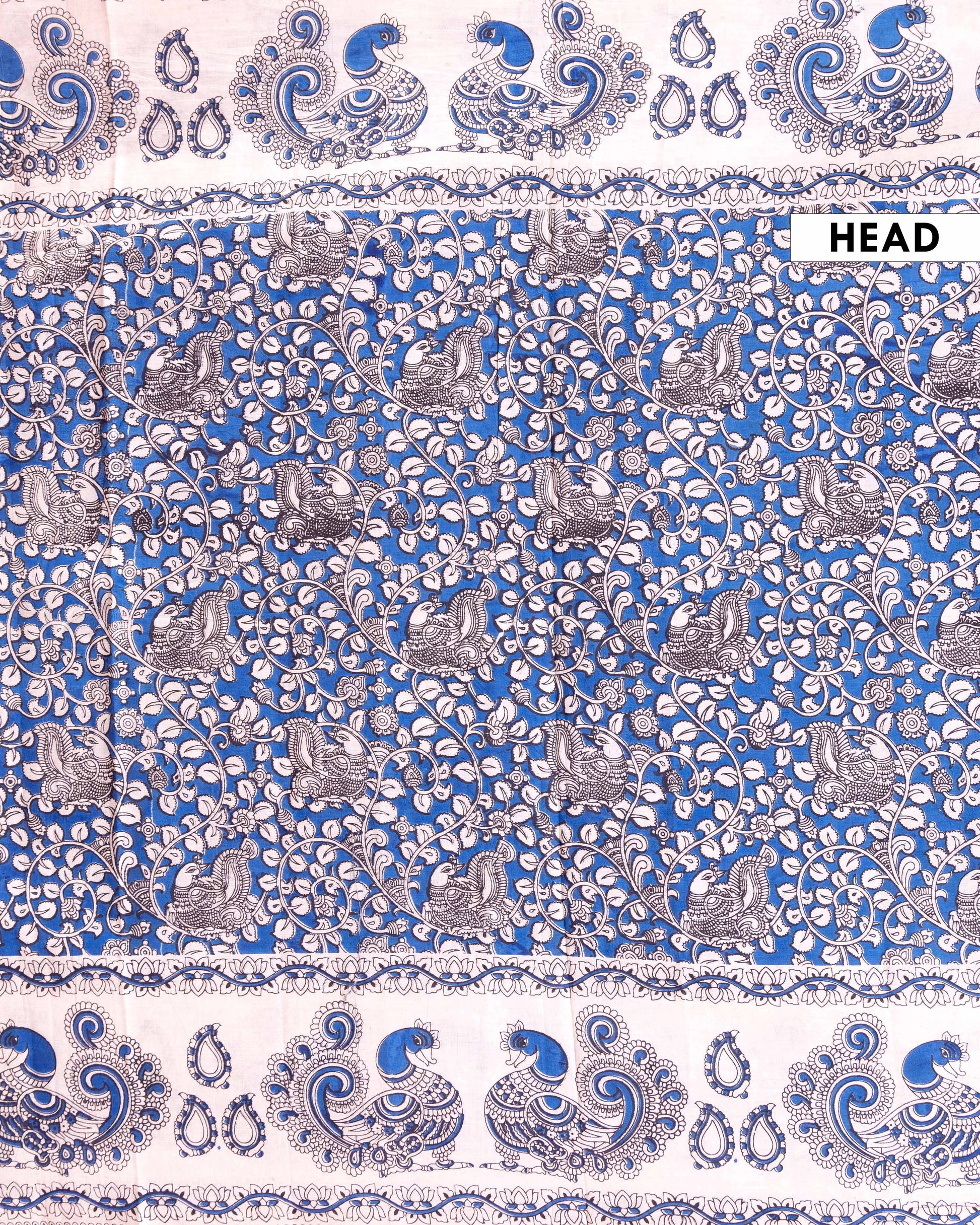 Traditional Kalamkari Hand block Printed Cotton Saree with Peacock and Floral Motifs - Blue