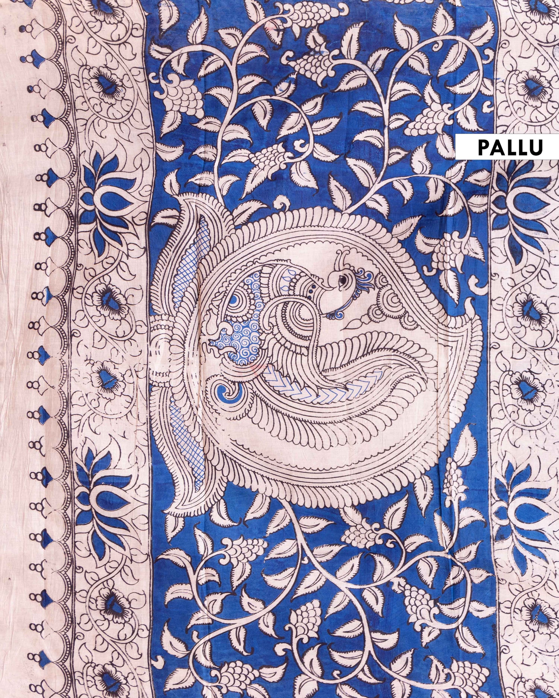 Traditional Kalamkari Hand block Printed Cotton Saree with Peacock and Floral Motifs - Blue