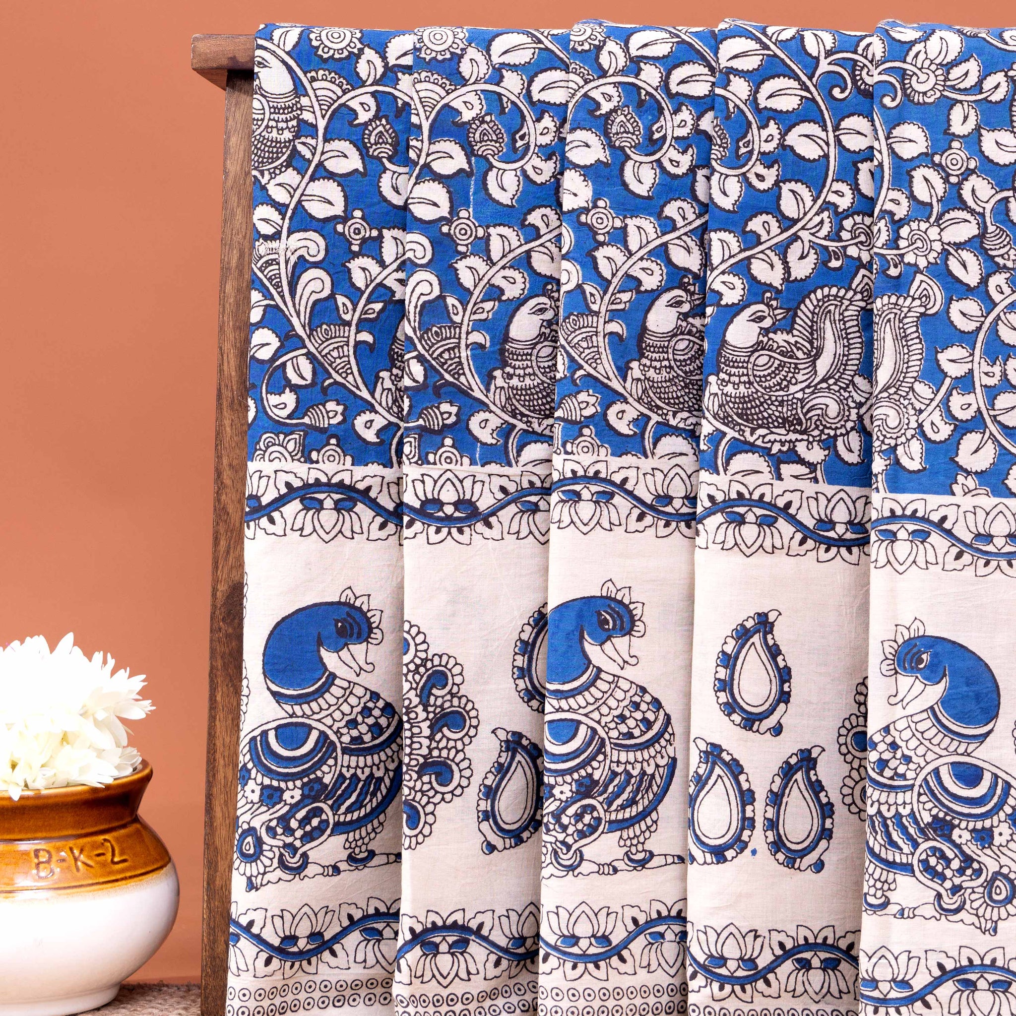 Traditional Kalamkari Hand block Printed Cotton Saree with Peacock and Floral Motifs - Blue