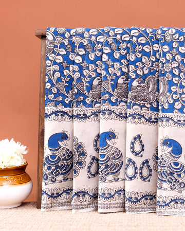 Traditional Kalamkari Hand block Printed Cotton Saree with Peacock and Floral Motifs - Blue