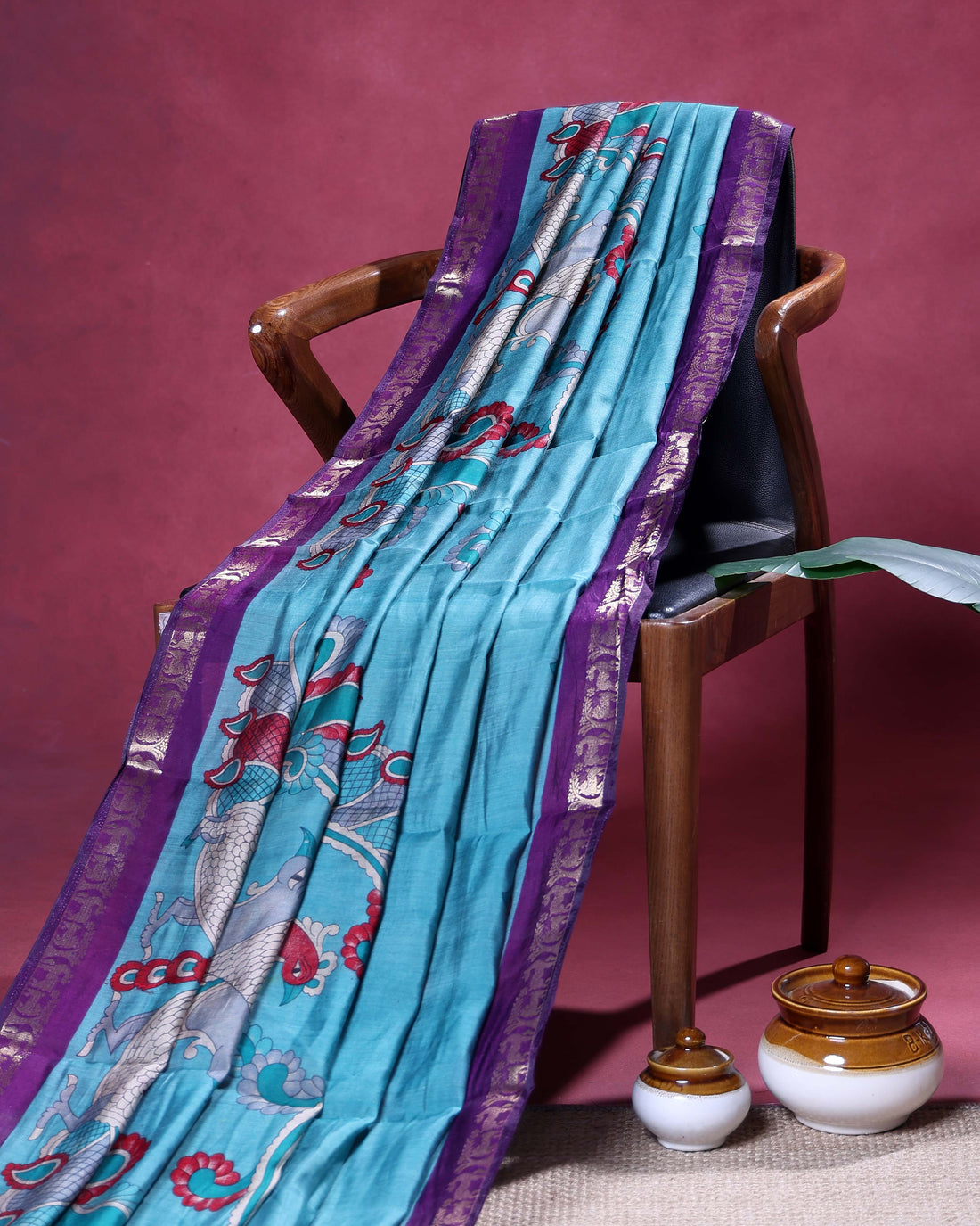 Traditional Kalamkari Inspired Semi Chanderi Saree with Artistic Mythical Motif Design and Intricate Woven Zari Border - Sky Blue