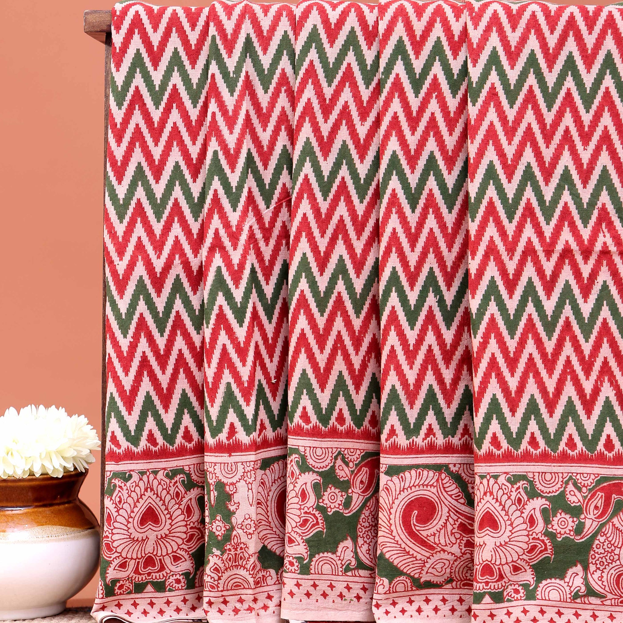 Traditional Kalamkari Print Cotton Saree with Zigzag Pattern and Floral Border - Multi