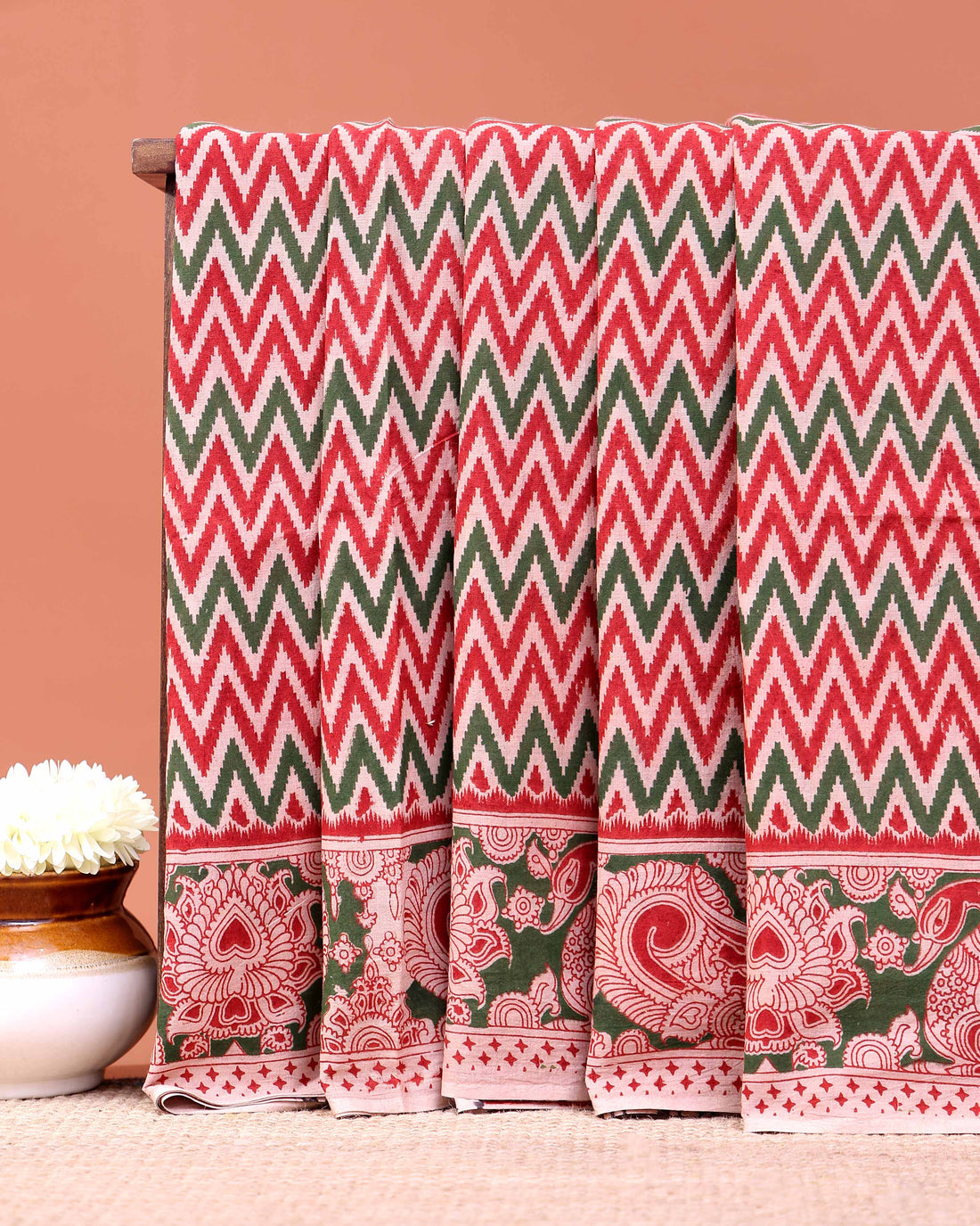 Traditional Kalamkari Print Cotton Saree with Zigzag Pattern and Floral Border - Multi