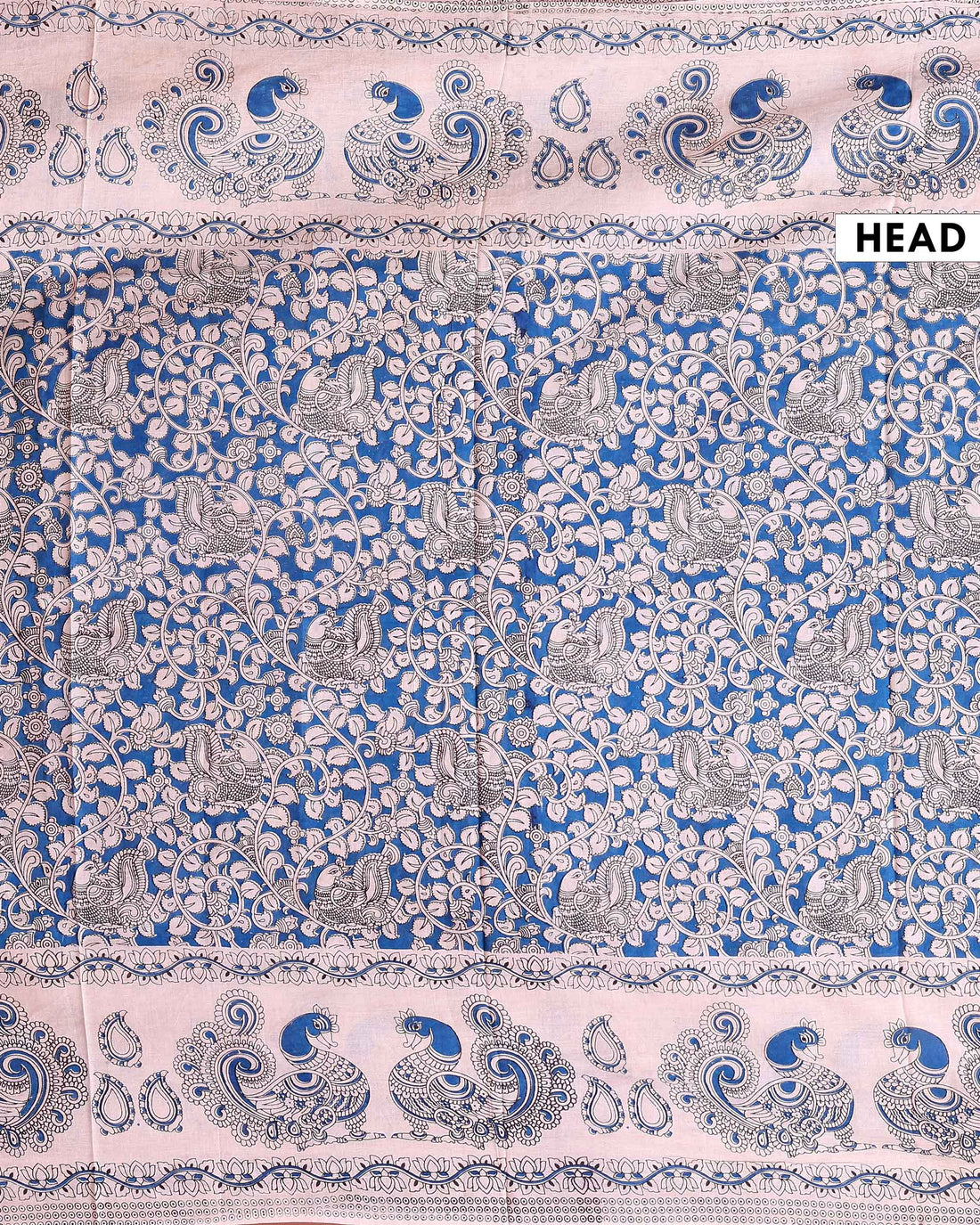 Traditional Kalamkari Printed Cotton Saree Elegant Peacock and Paisley Artwork - Blue