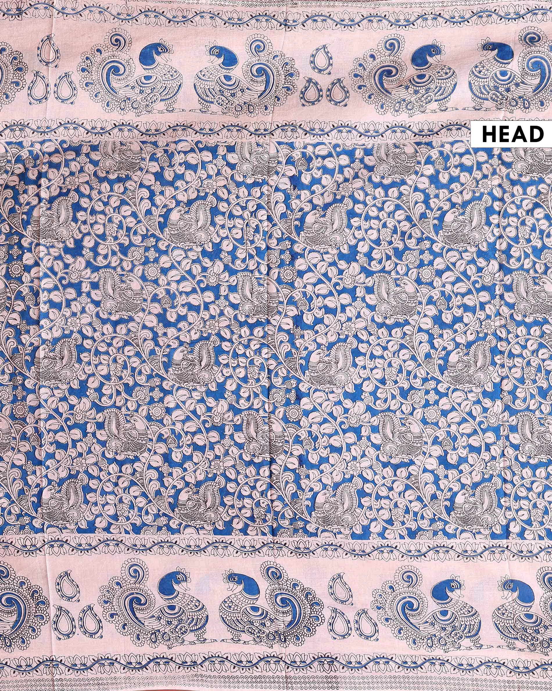 Traditional Kalamkari Printed Cotton Saree Elegant Peacock and Paisley Artwork - Blue