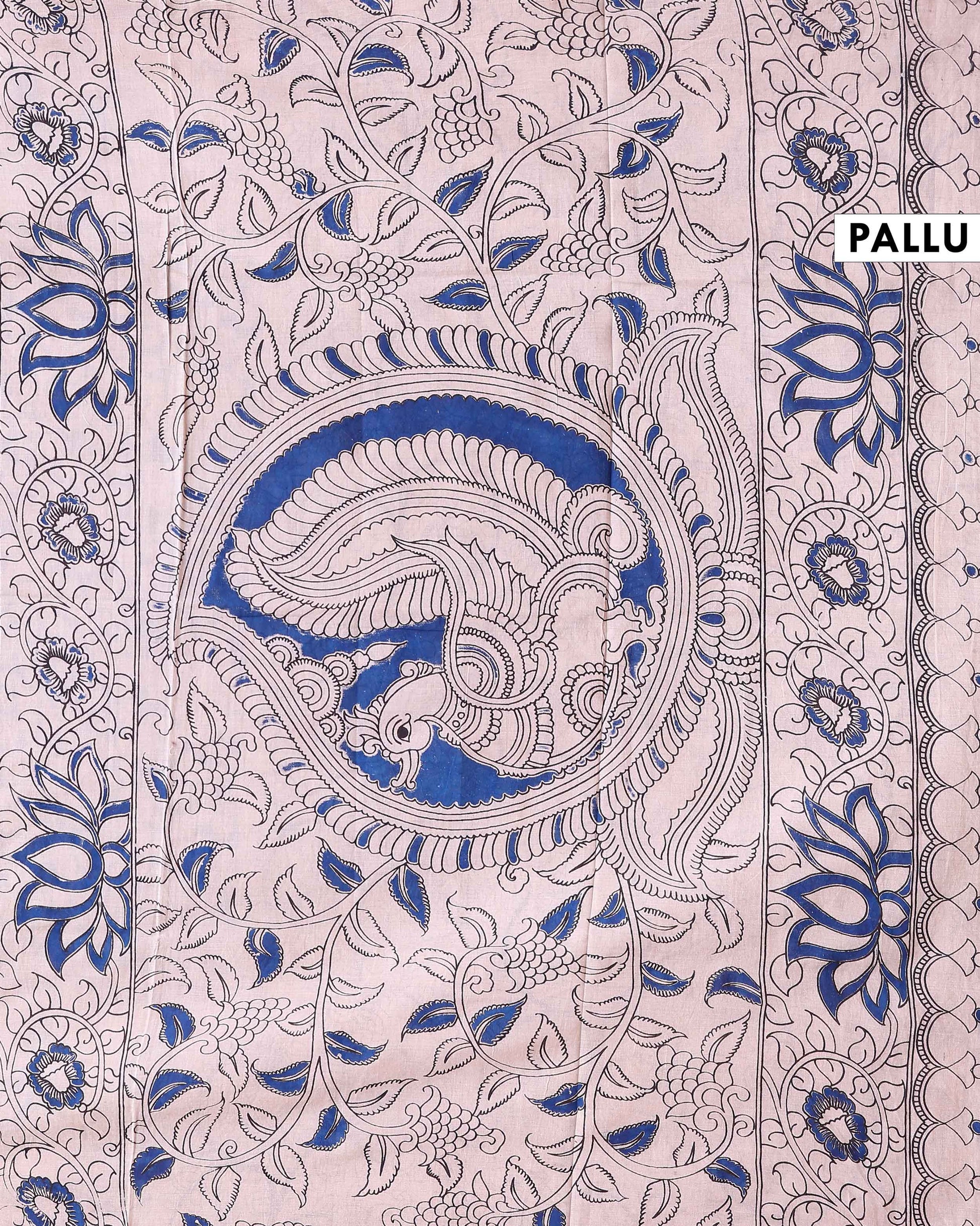 Traditional Kalamkari Printed Cotton Saree Elegant Peacock and Paisley Artwork - Blue