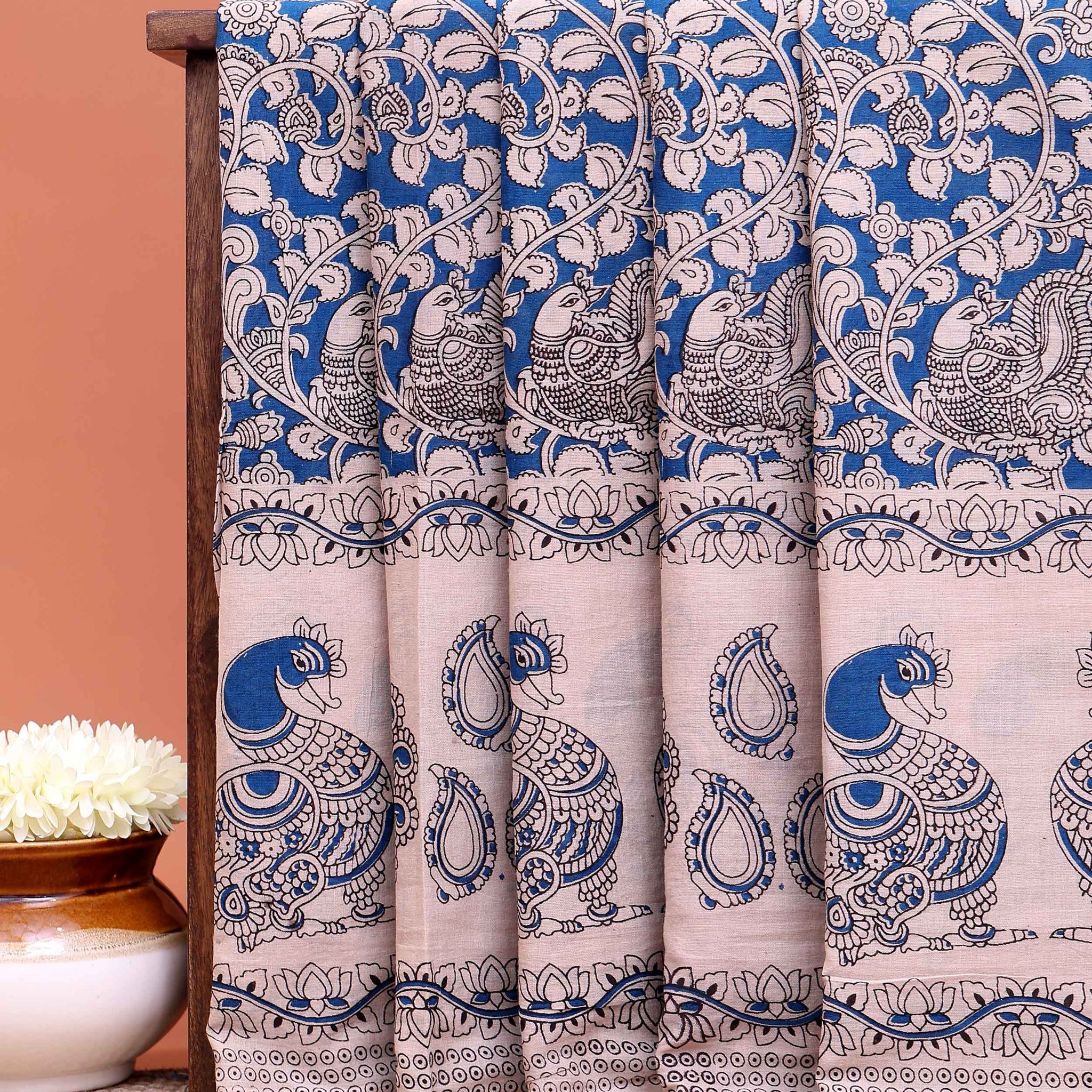 Traditional Kalamkari Printed Cotton Saree Elegant Peacock and Paisley Artwork - Blue