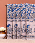 Traditional Kalamkari Printed Cotton Saree Elegant Peacock and Paisley Artwork - Blue