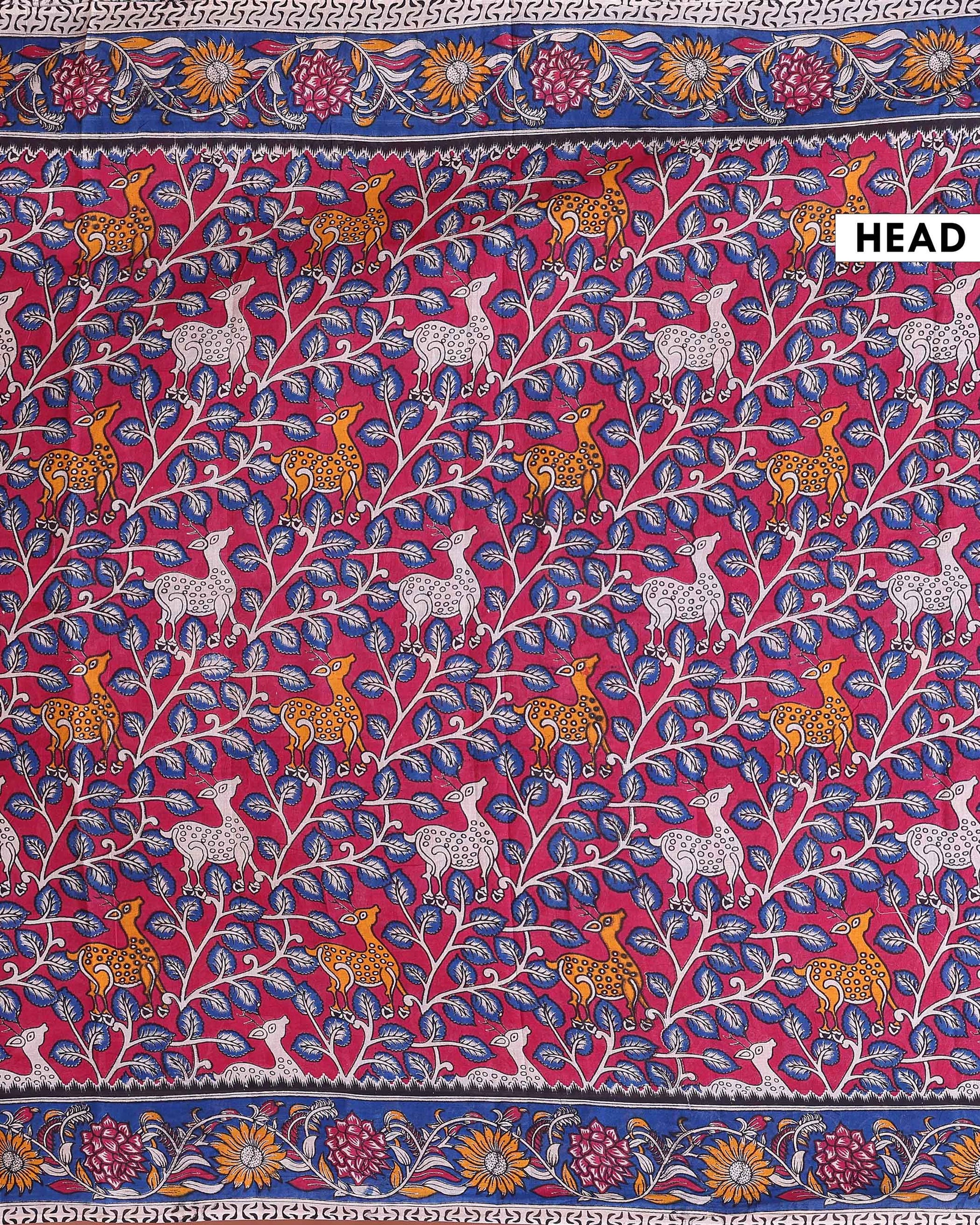 Traditional Kalamkari Printed Cotton Saree Nature and Wildlife Theme - Red