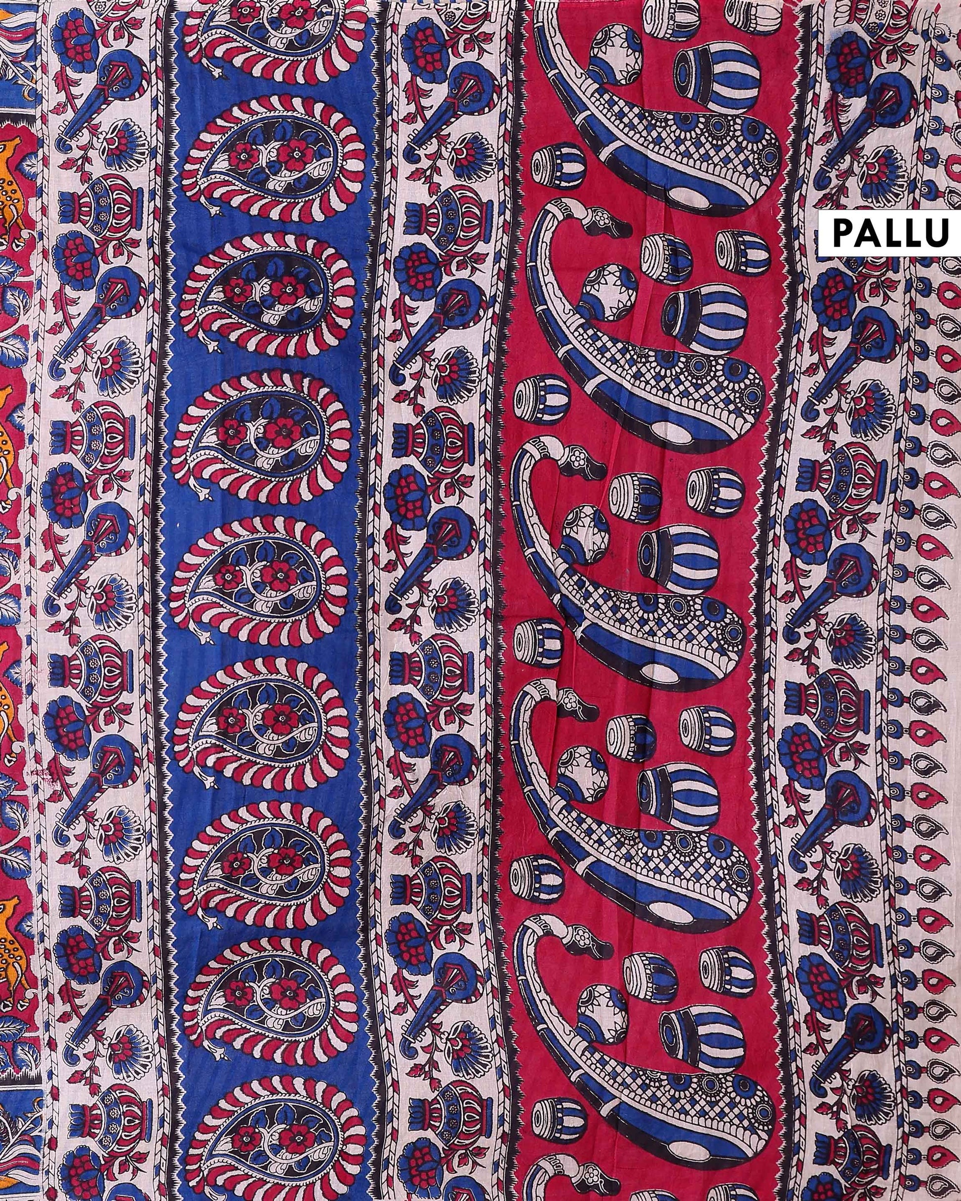 Traditional Kalamkari Printed Cotton Saree Nature and Wildlife Theme - Red